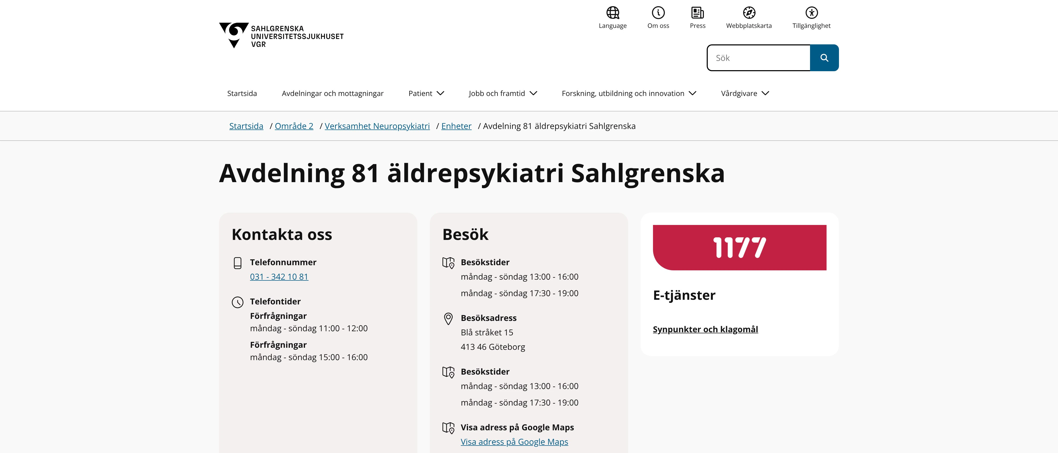 Avdelning 81 äldrepsykiatri Sahlgrenska, Göteborg