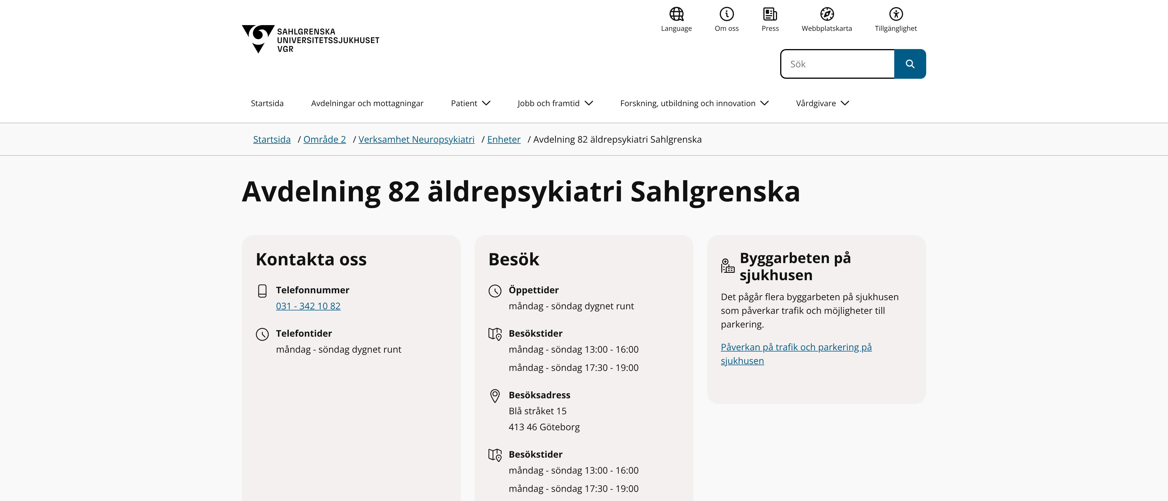 Avdelning 82 äldrepsykiatri Sahlgrenska, Göteborg
