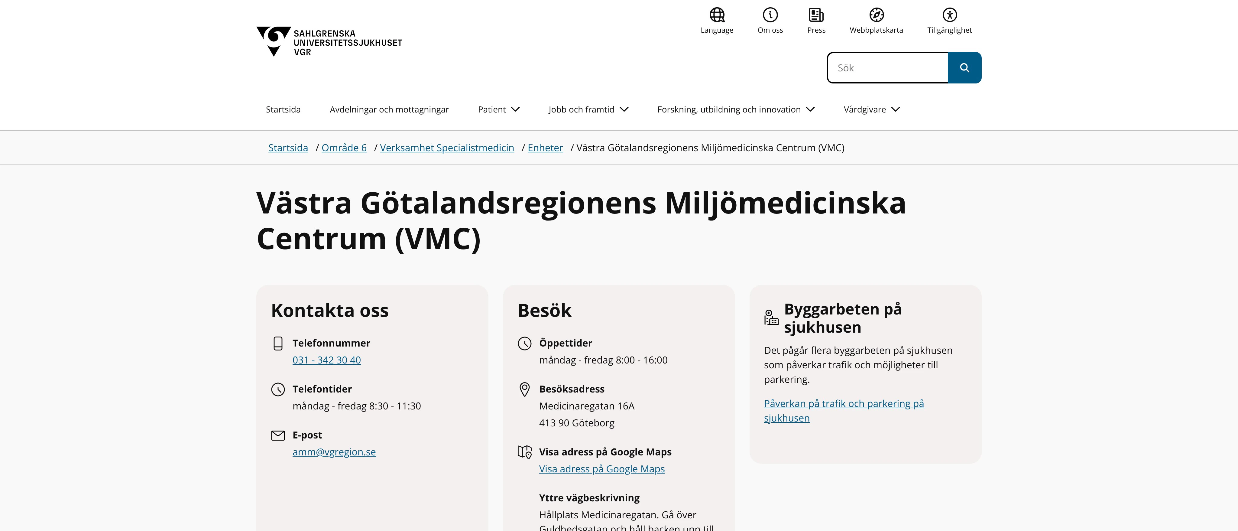 Västra Götalandsregionens Miljömedicinska Centrum VMC, Göteborg