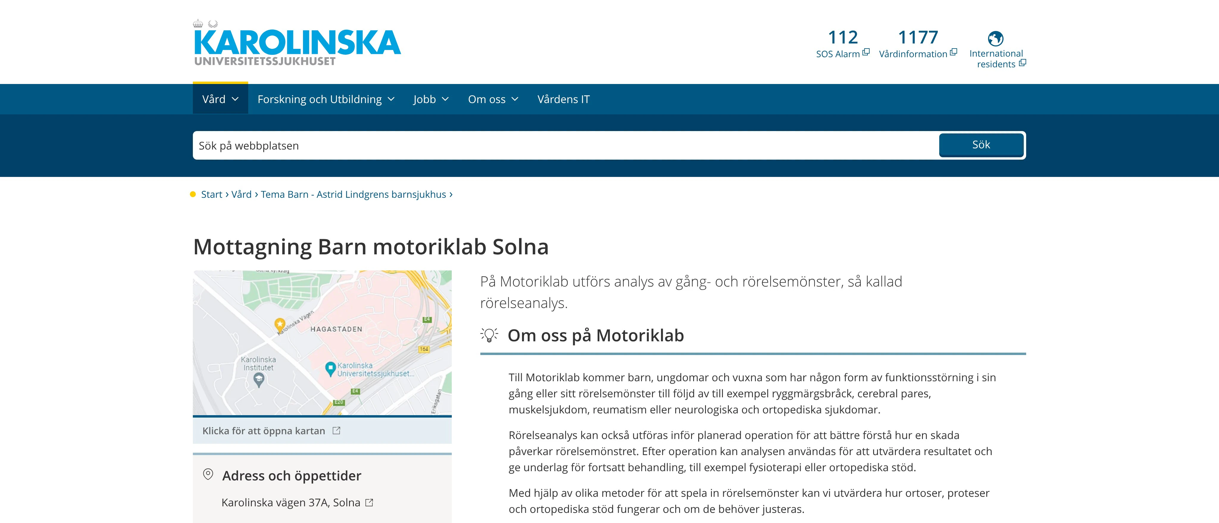 Mottagning Barn motoriklab Solna, Karolinska Universitetssjukhuset