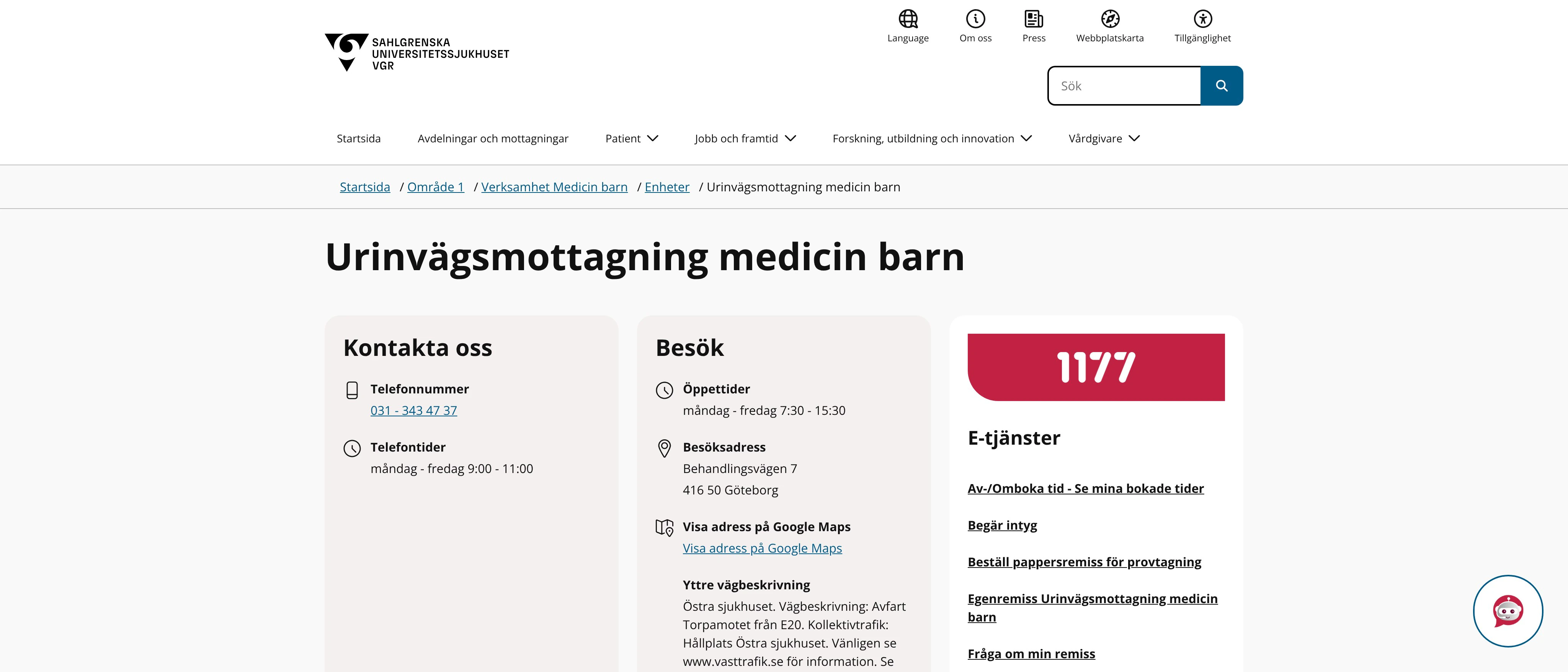 Urinvägsmottagning medicin barn, Göteborg