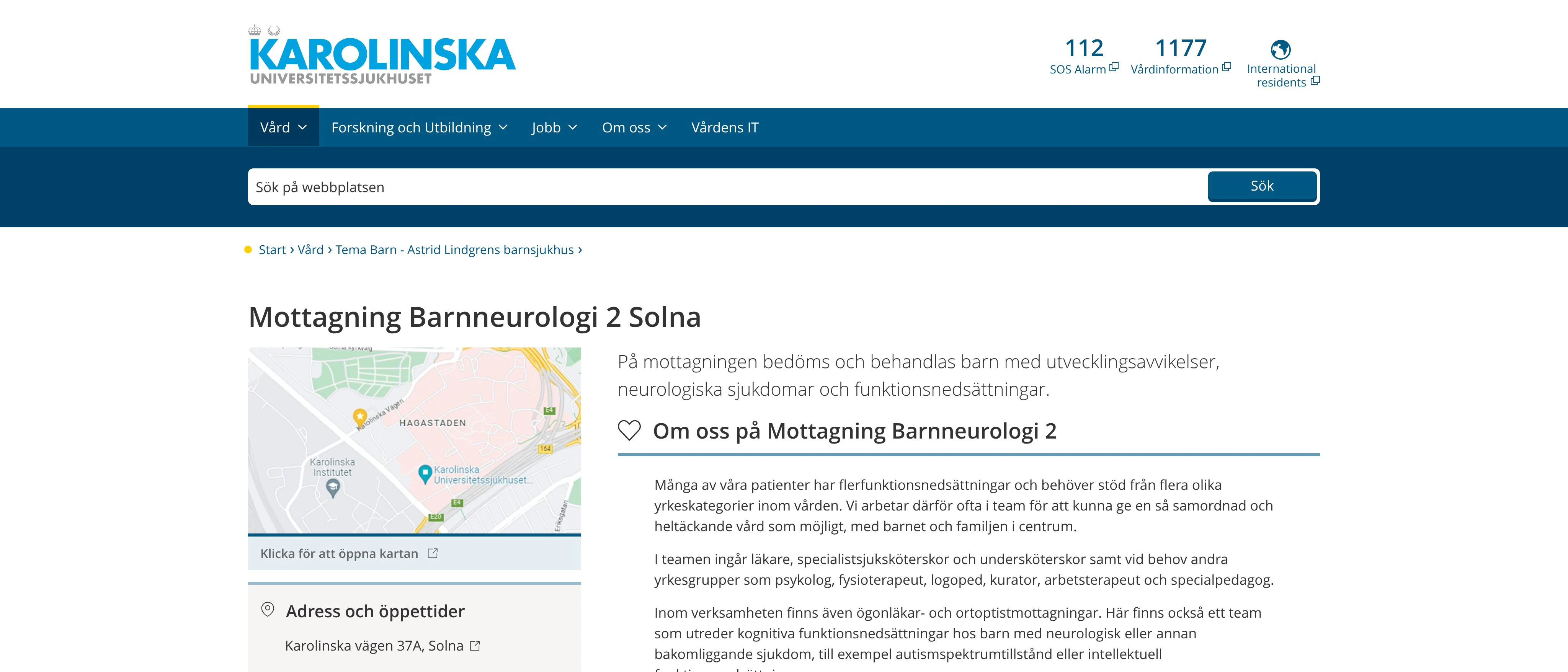 Mottagning Barnneurologi 2 Solna, Karolinska Universitetssjukhuset