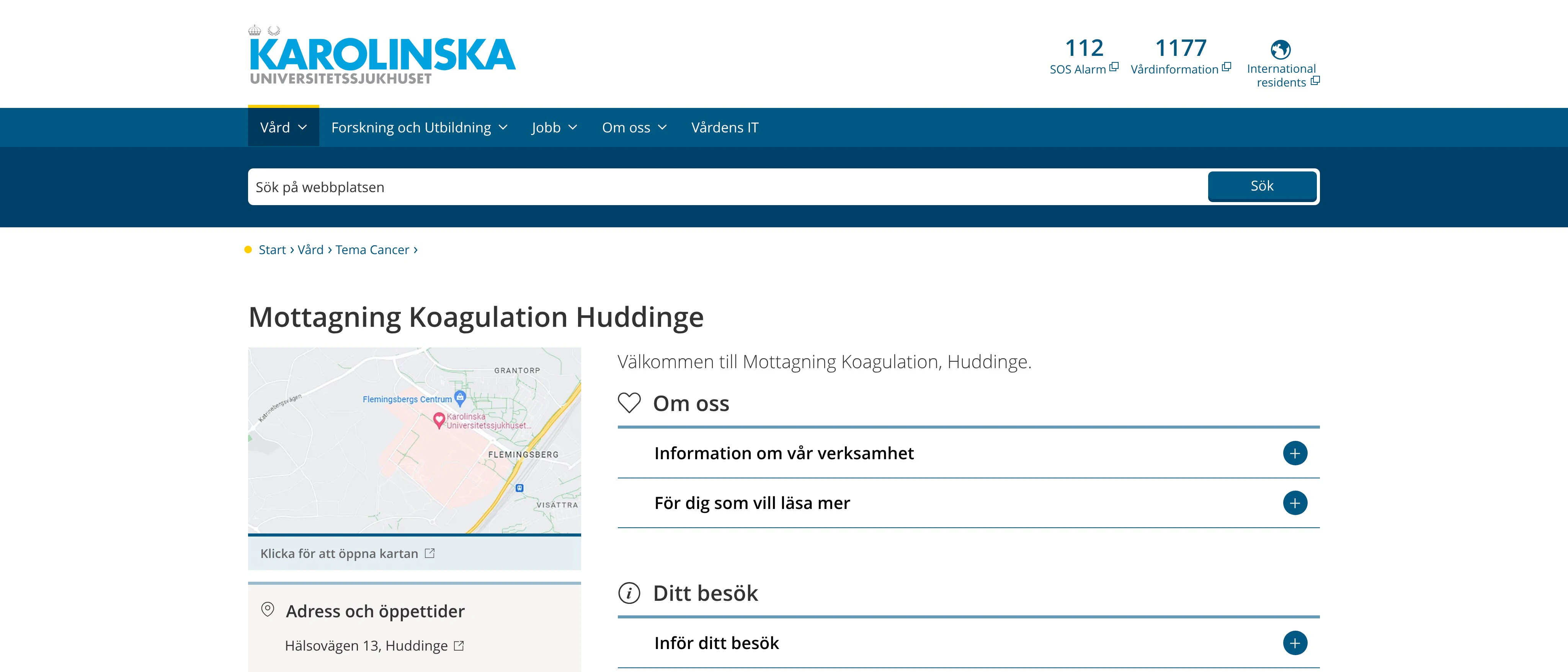 Mottagning Koagulation Huddinge, Karolinska Universitetssjukhuset