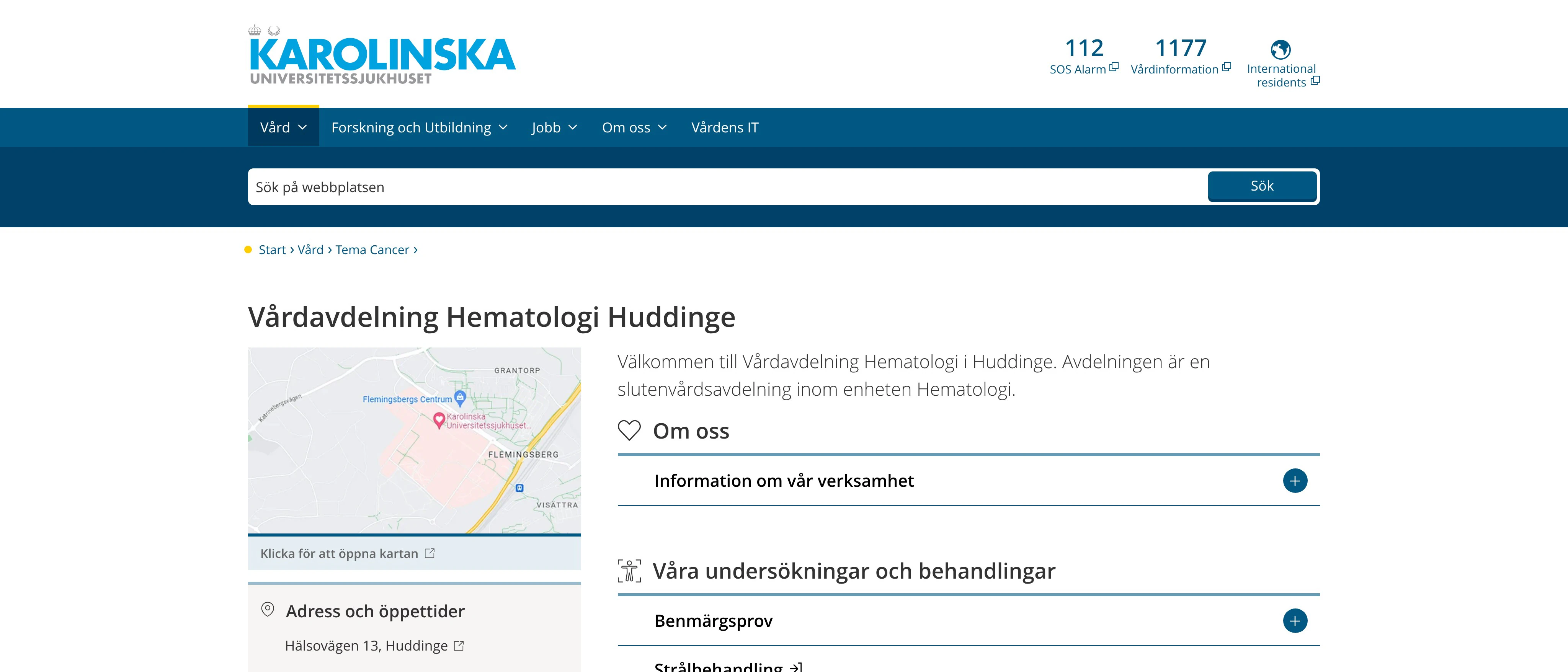 Vårdavdelning Hematologi Huddinge, Karolinska Universitetssjukhuset