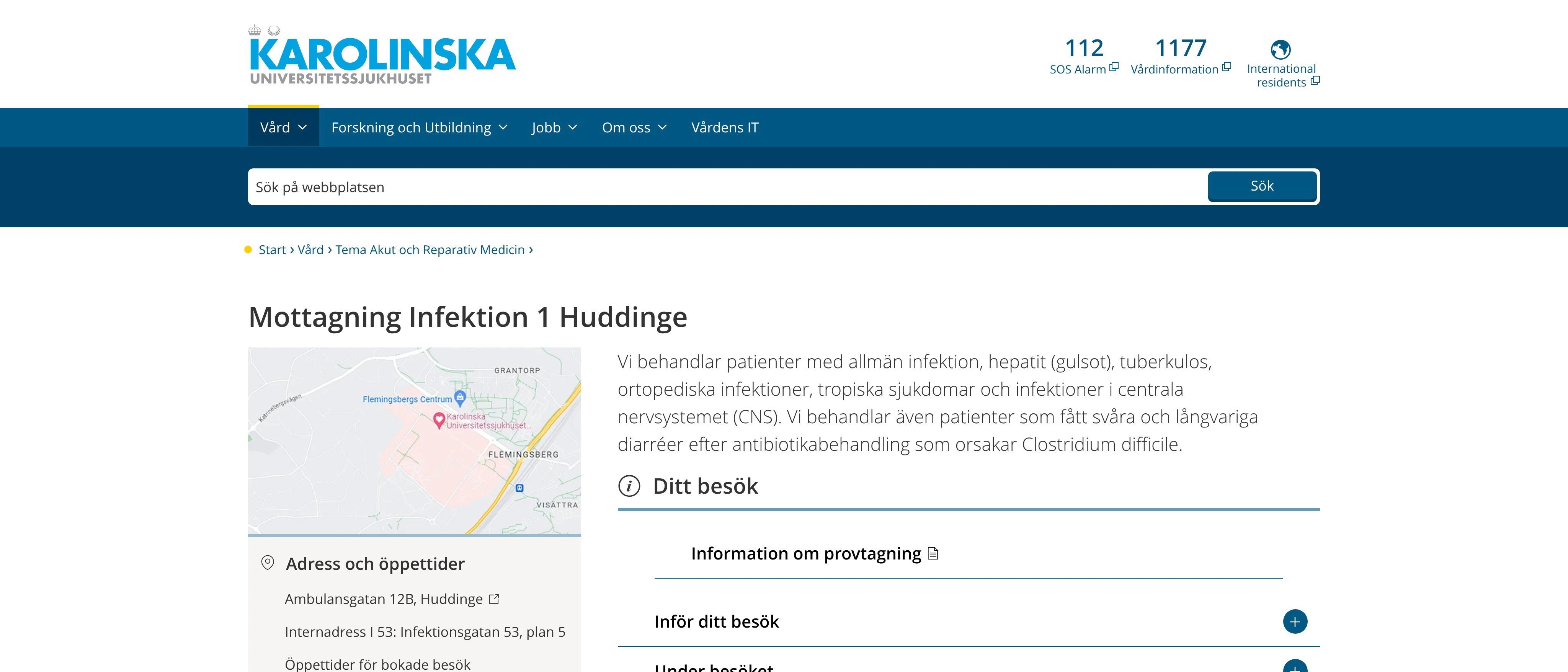 Mottagning Infektion 1 Huddinge, Karolinska Universitetssjukhuset