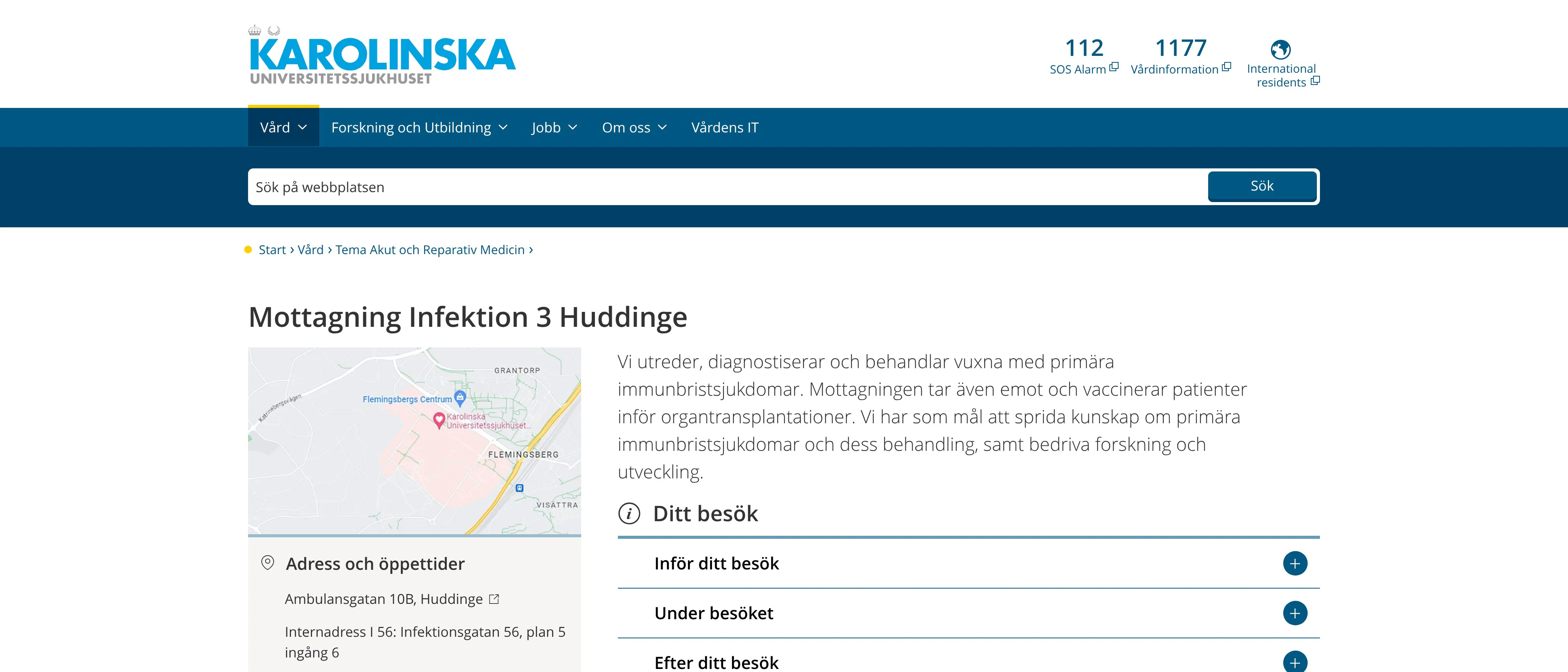Mottagning Infektion 3 Huddinge, Karolinska Universitetssjukhuset