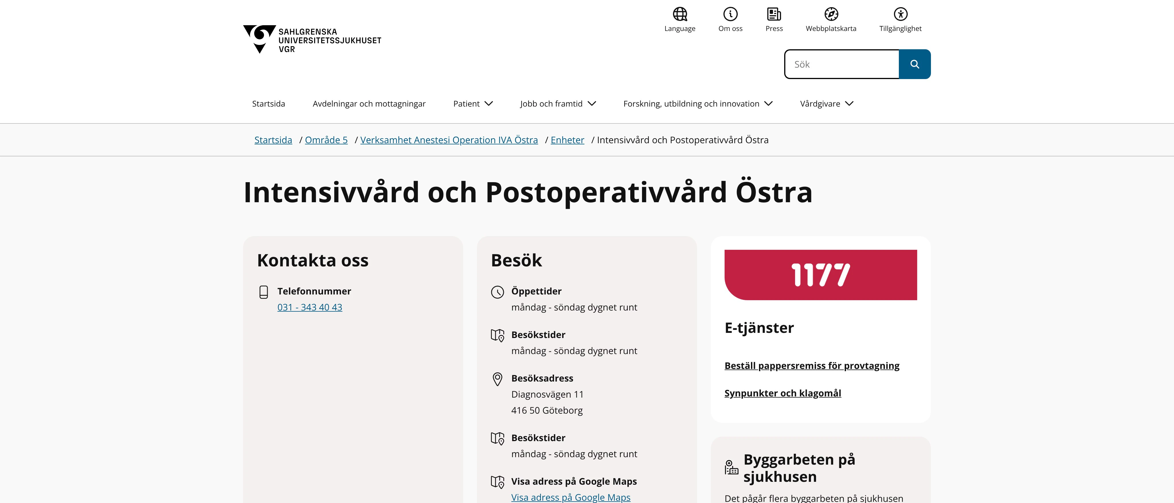 Intensivvård och postoperativ vård Östra, Göteborg