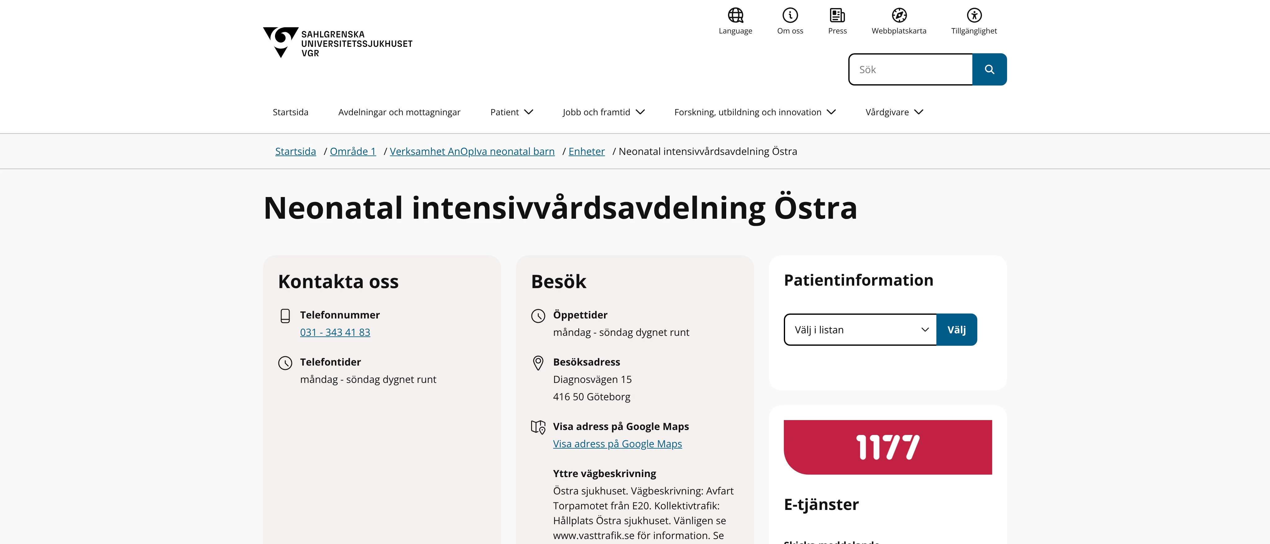 Neonatal intensivvårdsavdelning Östra, Göteborg