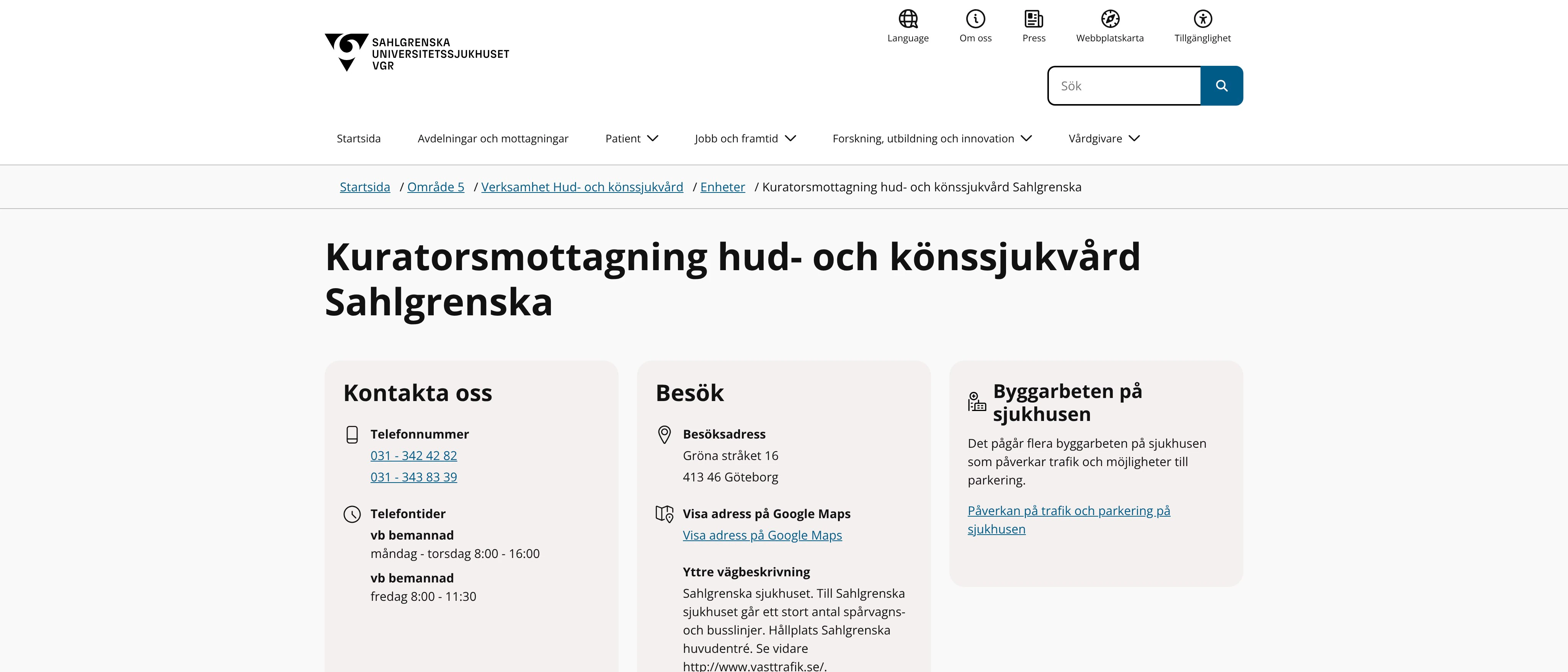 Kuratorsmottagning hud- och könssjukvård Sahlgrenska, Göteborg