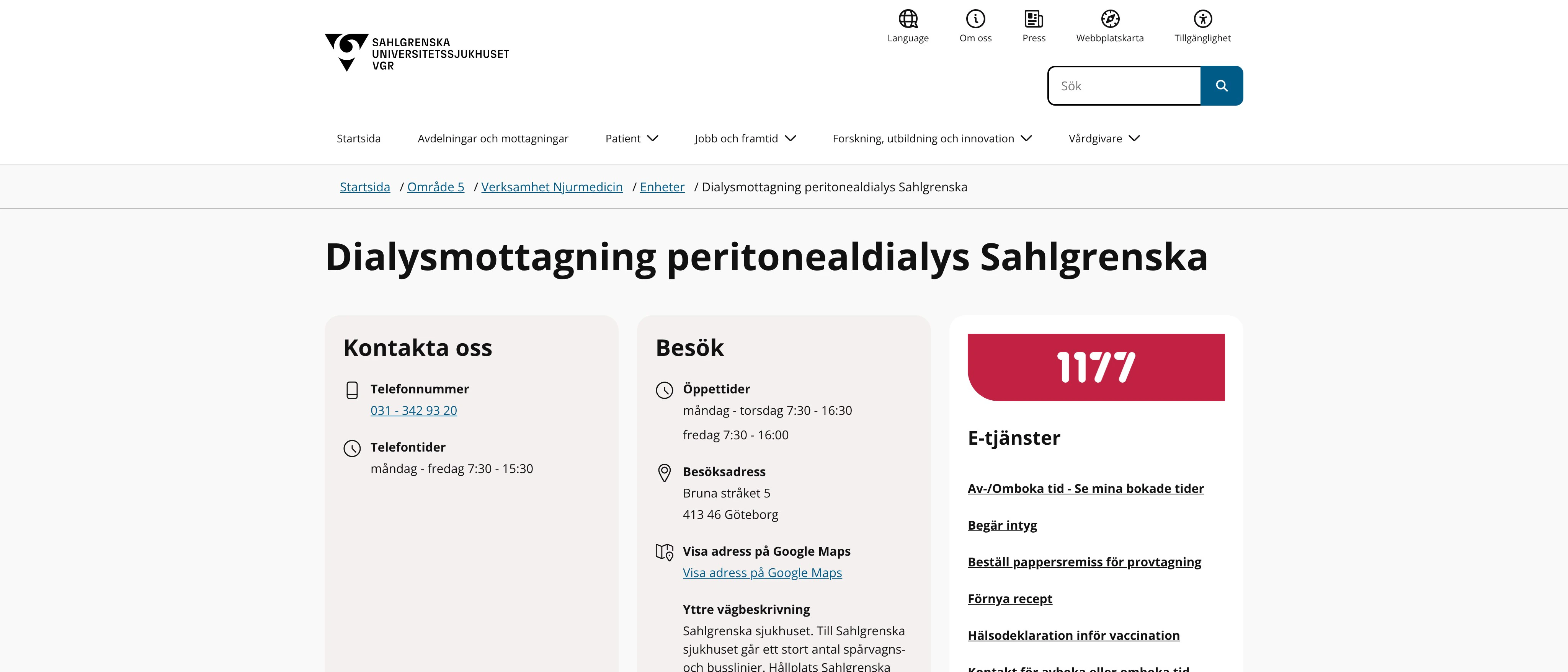 Dialysmottagning peritonealdialys Sahlgrenska, Göteborg