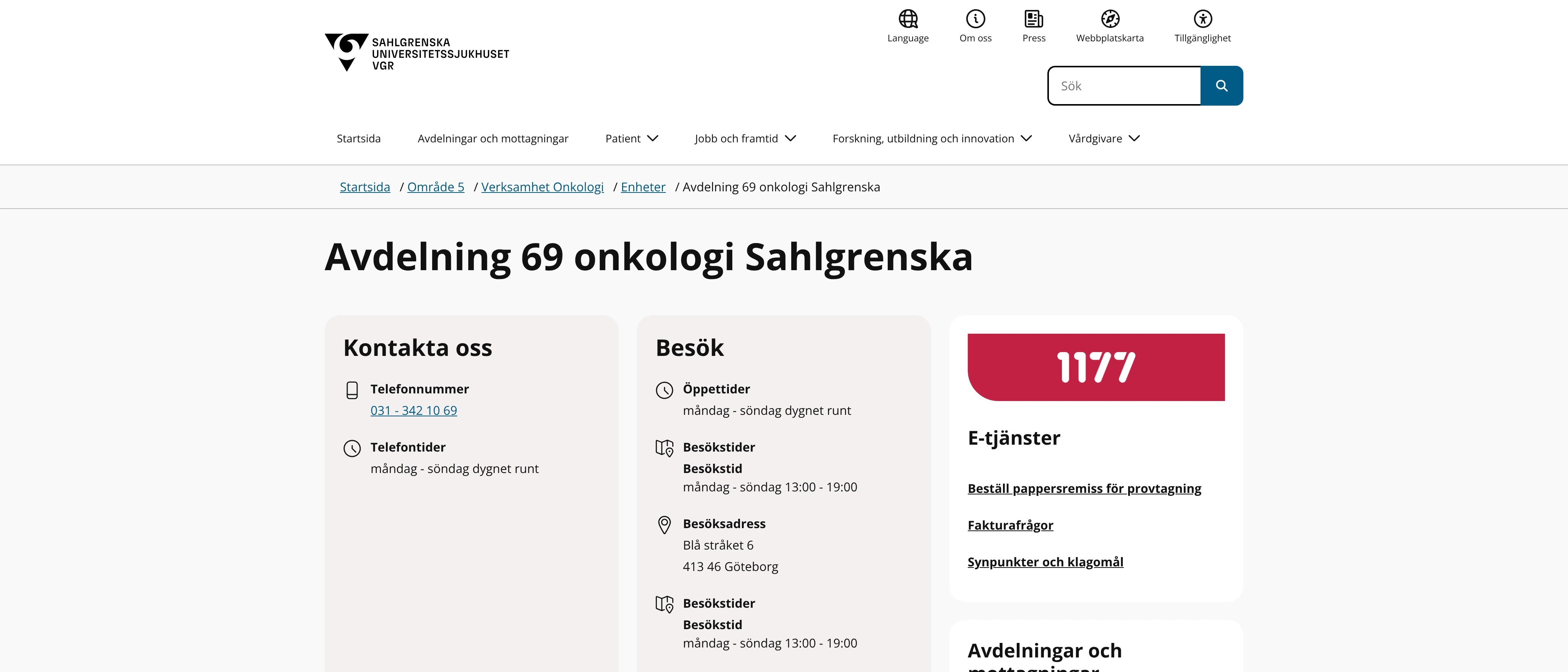 Avdelning 69 onkologi Sahlgrenska, Göteborg
