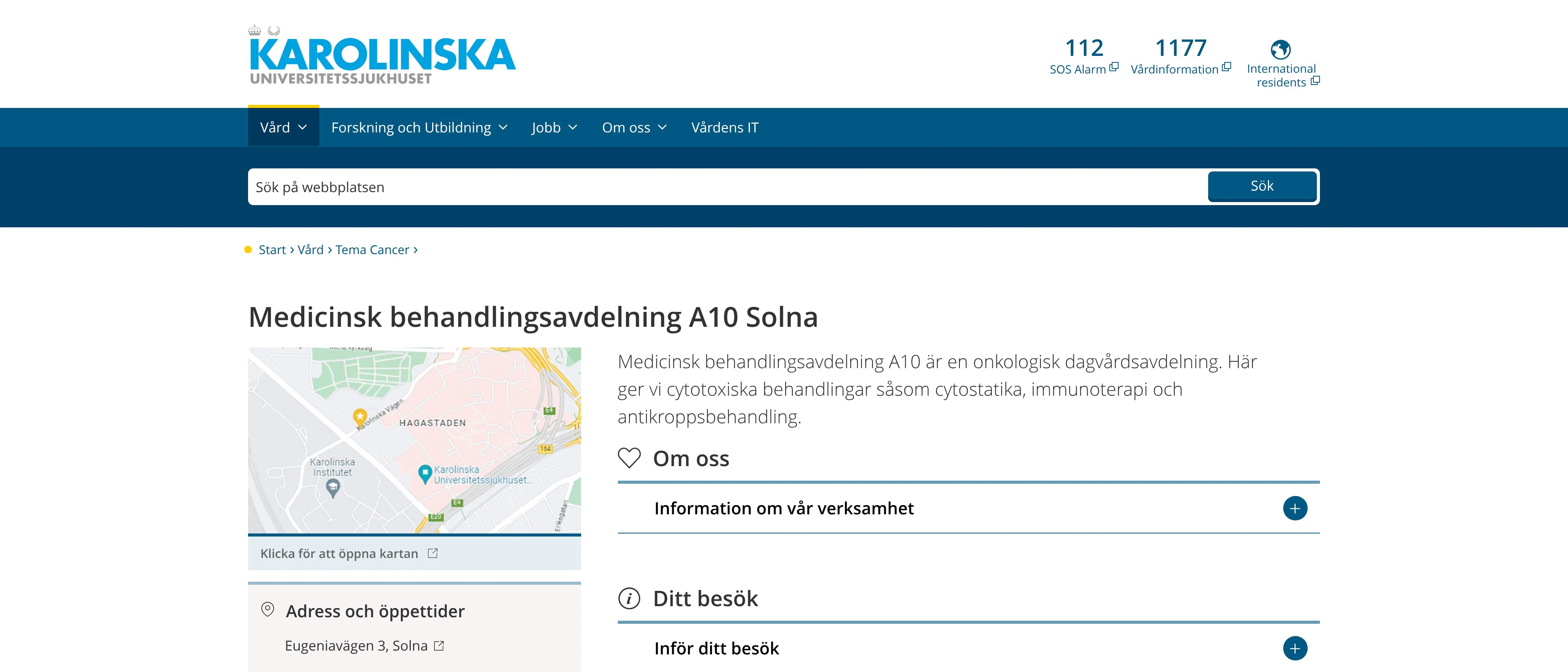 Medicinsk behandlingsavdelning A10 Solna, Karolinska Universitetssjukhuset