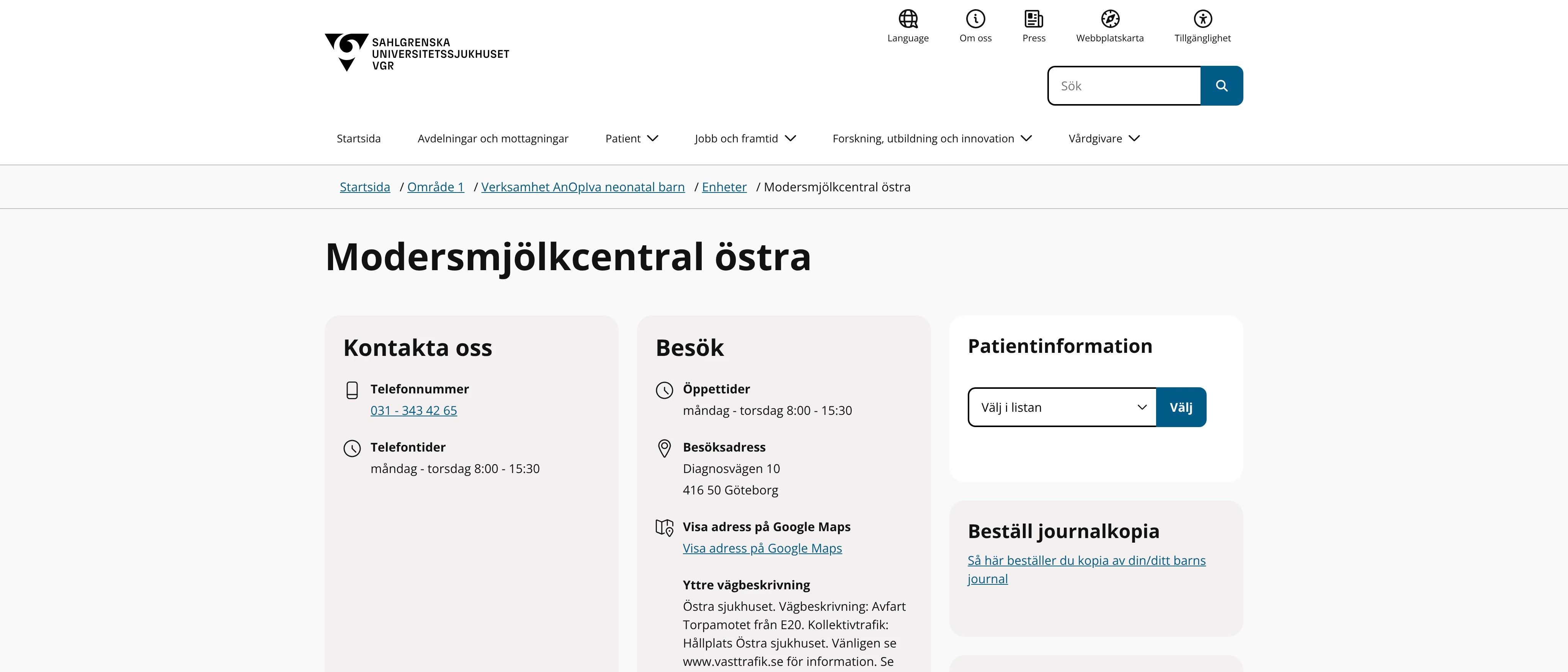 Modersmjölkcentral Östra, Göteborg