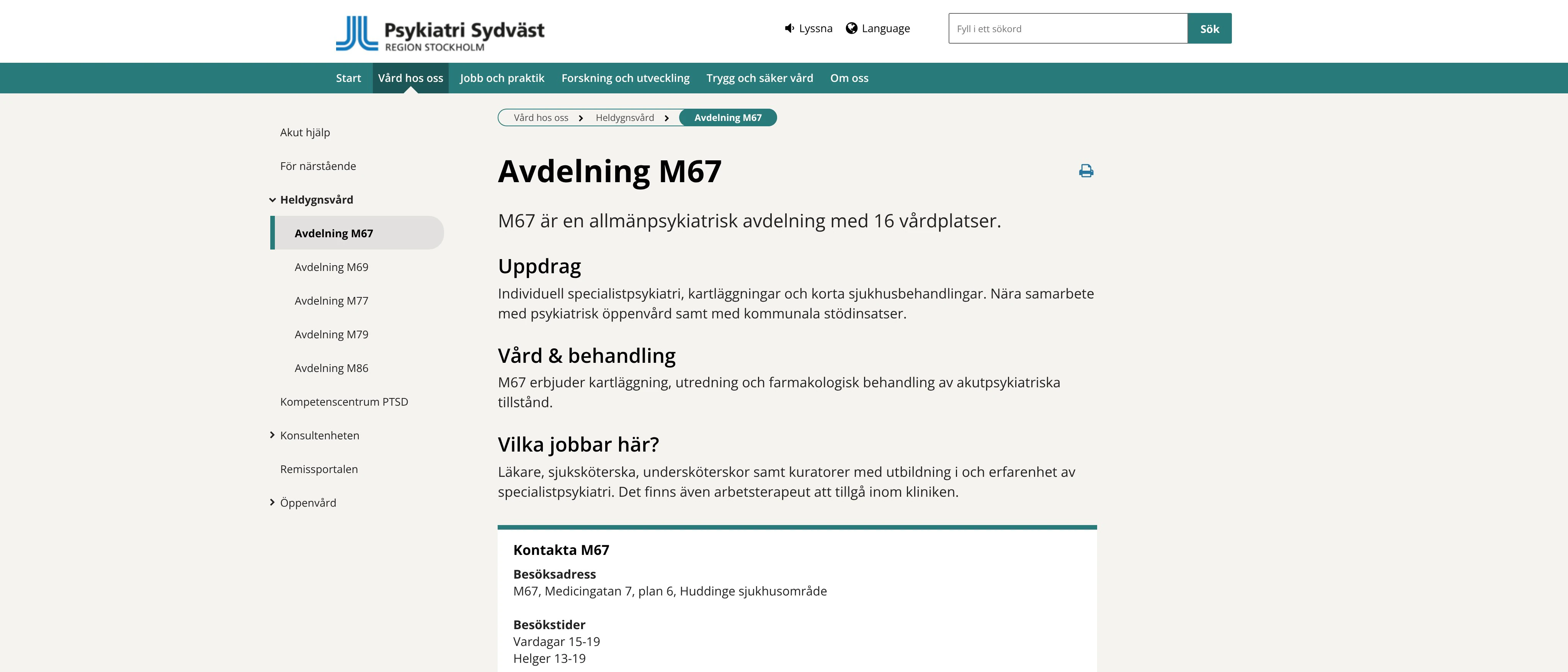 Avdelning M67, Psykiatri Sydväst