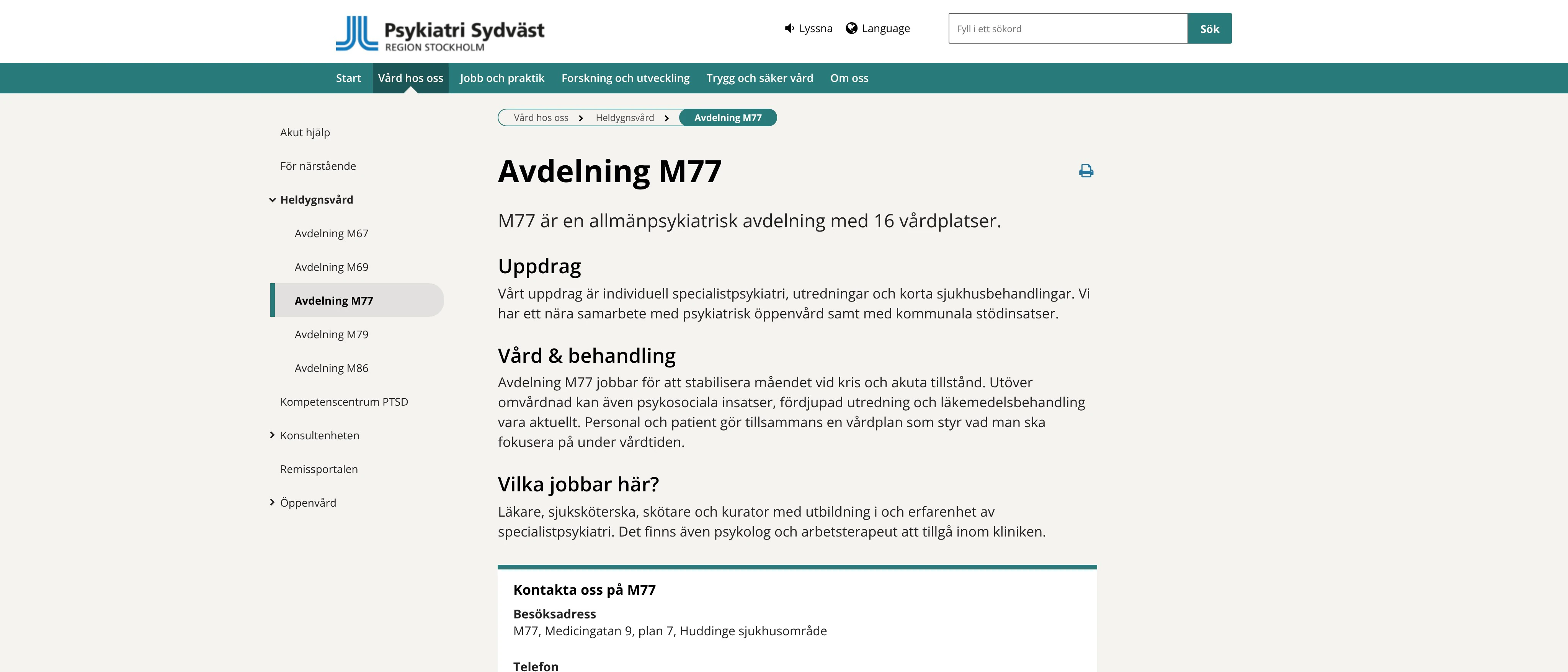 Avdelning M77, Psykiatri Sydväst