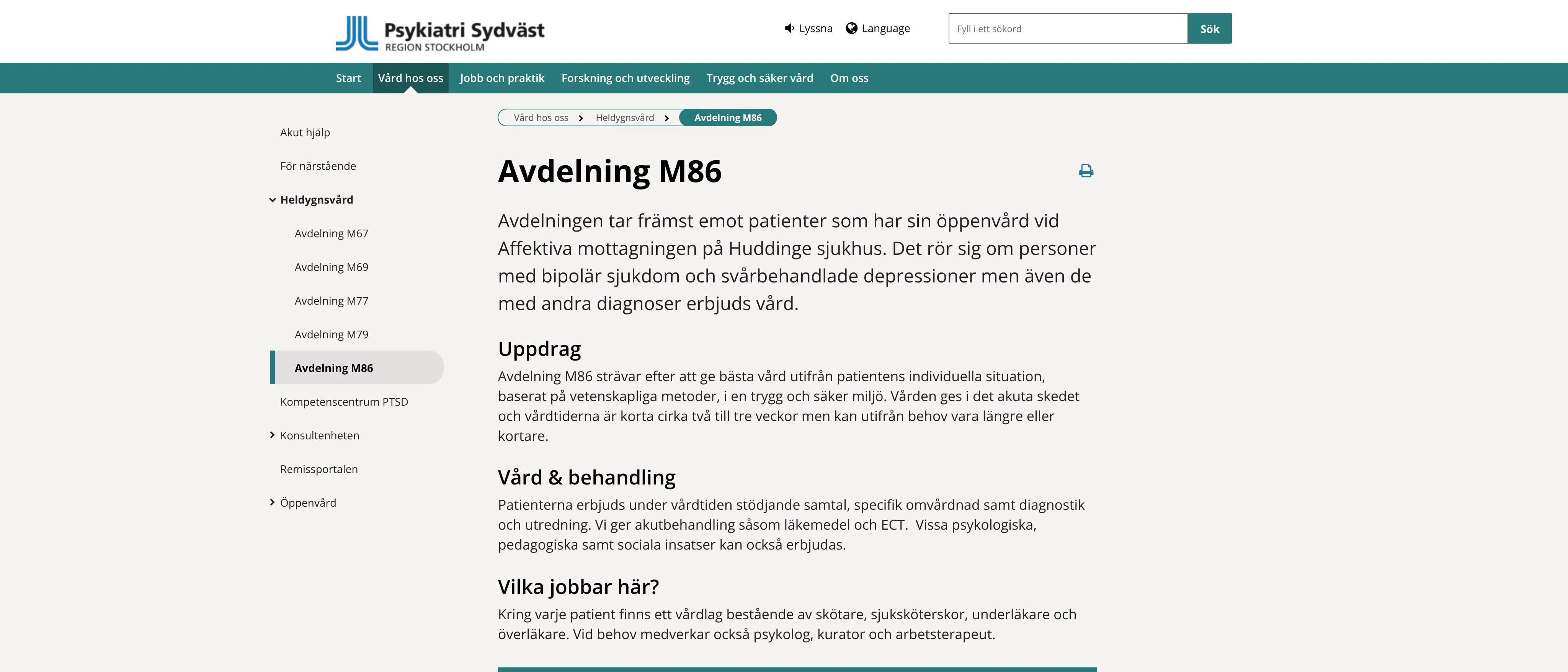 Avdelning M86, Psykiatri Sydväst