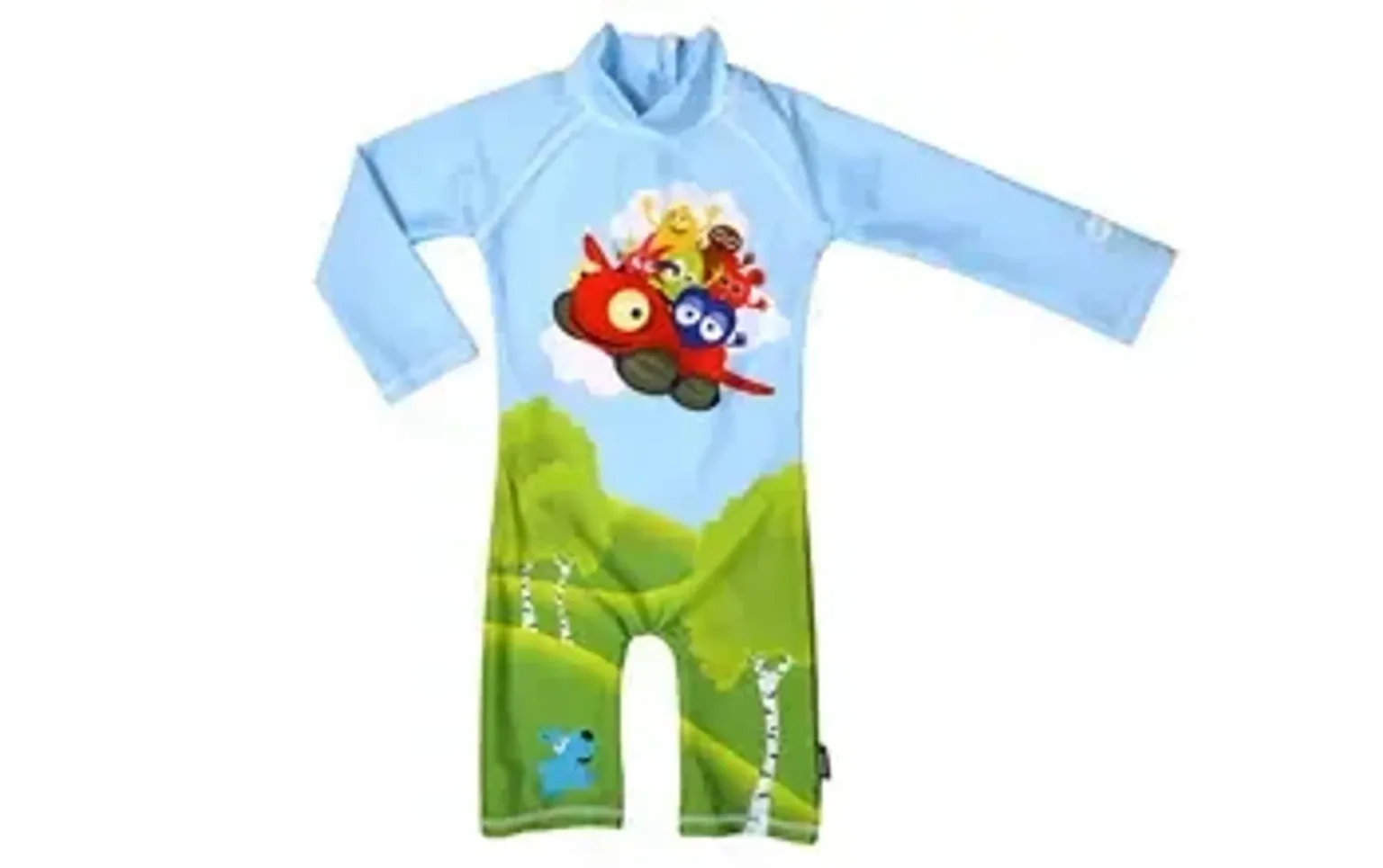 Blå baby-rash guard med långa ärmar och tryck av tecknade figurer som flyger i ett flygplan ovanför ett grönskande landskap.