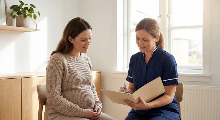 Gravid kvinna sitter på en stol och pratar med en sjukvårdspersonal som skriver i en mapp i ett ljust rum.