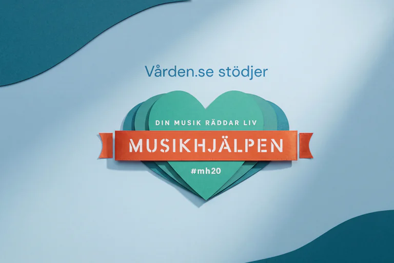 Grafik för Musik-hjälpen-kampanjen som stöder Vården.se, med en hjärtformad symbol och texten "DIN MUSIK RÄDDAR LIV MUSIKHJÄLPEN #mh20".