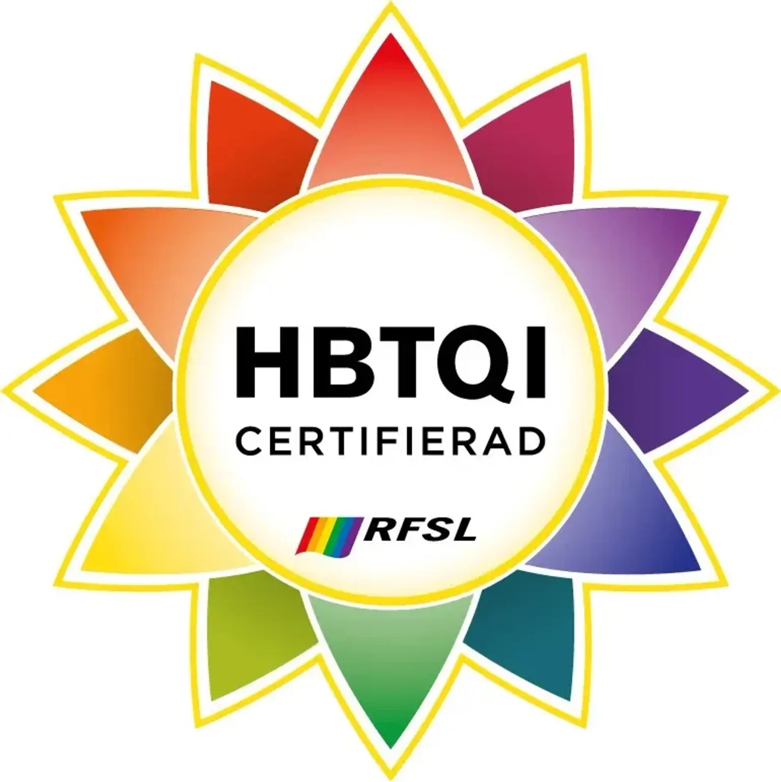 RFSL HBTQI-certifieringsmärke i form av en sol med regnbågsfärger.