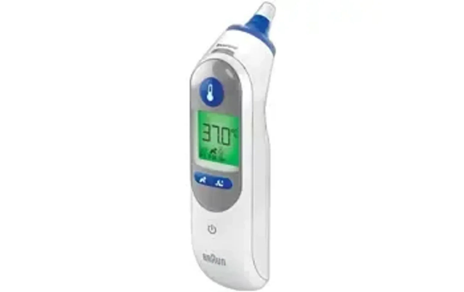 En vit och blå digital örontermometer som visar en temperatur på 37,0 grader Celsius.