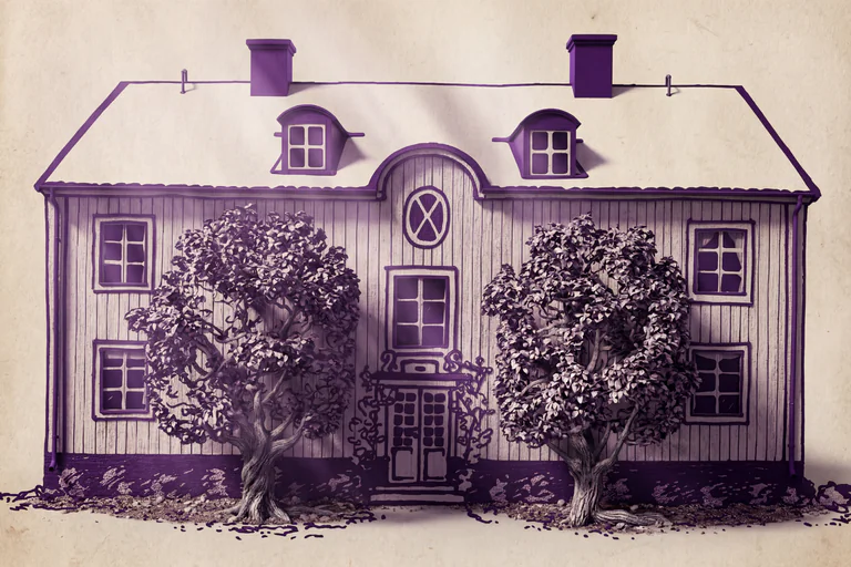 Illustration av ett historiskt svenskt hus med träd framför.