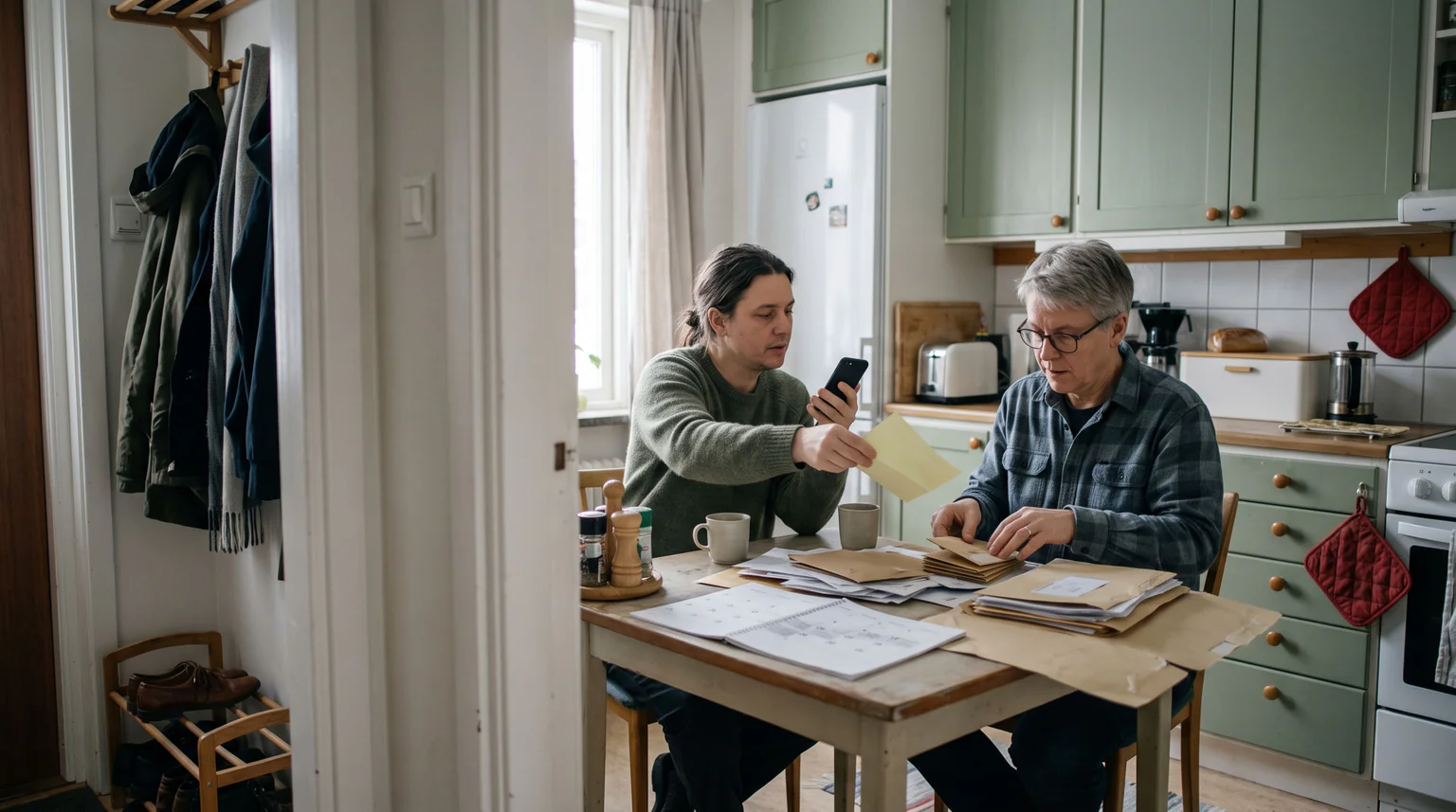 Två personer sitter vid ett köksbord och granskar papper, kuvert och en mobiltelefon.