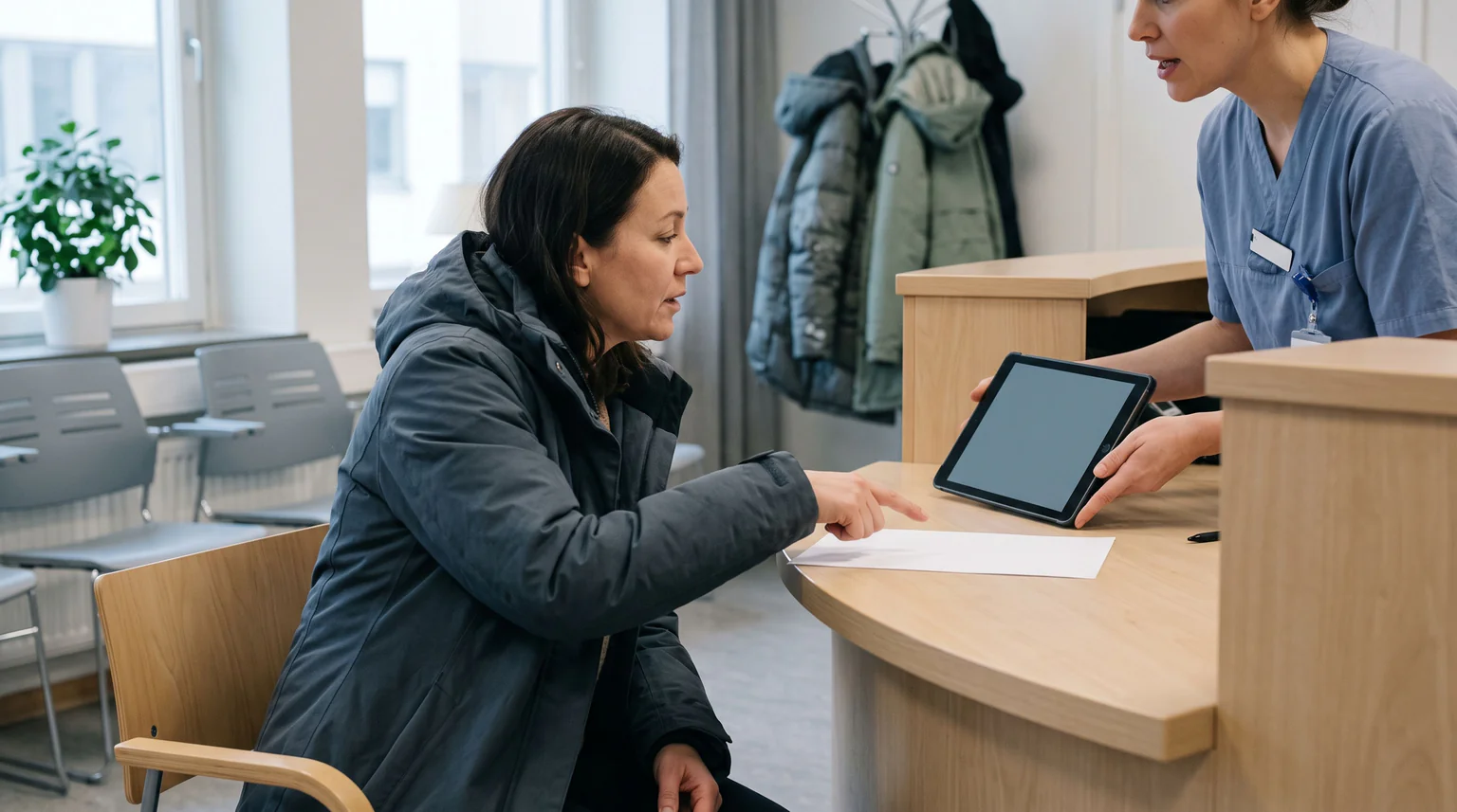 Kvinna i jacka pekar på ett tomt papper på en receptionsdisk medan en vårdanställd håller fram en surfplatta.