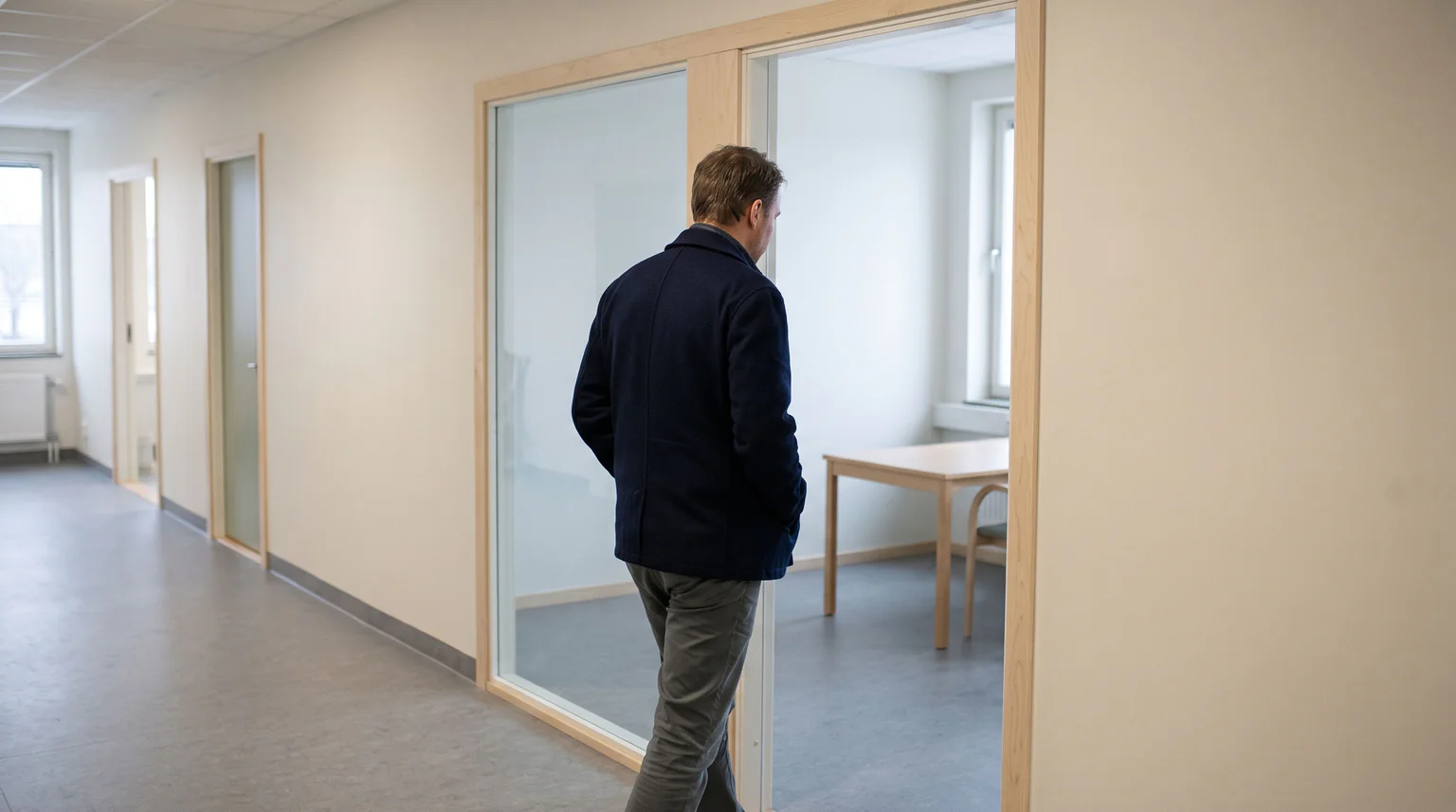 En person i mörkblå jacka går i en ljus vårdkorridor mot ett öppet rum med ett bord.