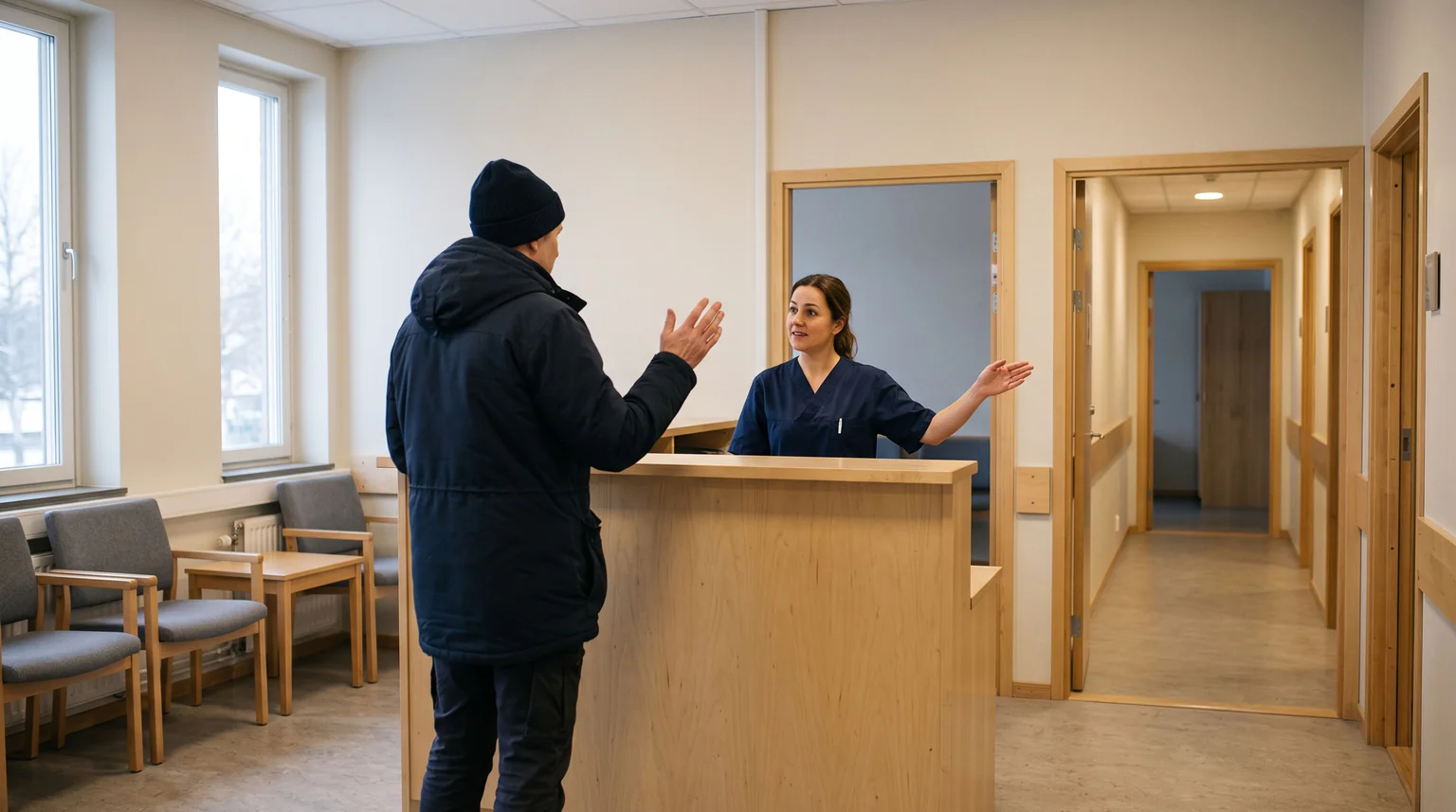 En patient och en vårdanställd samtalar vid en receptionsdisk i trä. Den anställda gestikulerar mot en korridor i bakgrunden.