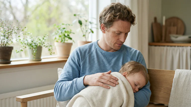 En man med lockigt hår sitter på en stol och håller sitt sovande barn i famnen. Barnet är inlindat i en ljus filt. I bakgrunden syns ett fönster med krukväxter och ett kök.