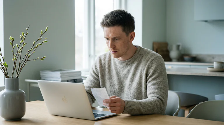 Man sitter vid ett köksbord och arbetar på en laptop och håller upp en papperslapp.
