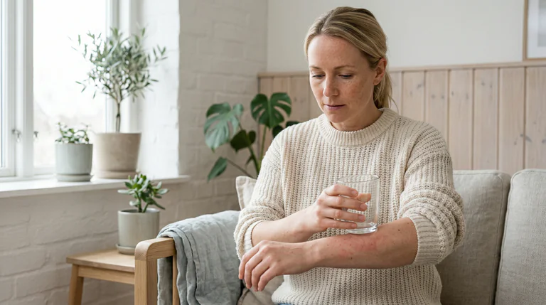 Kvinna sitter på en soffa och undersöker en utslag på sin arm.