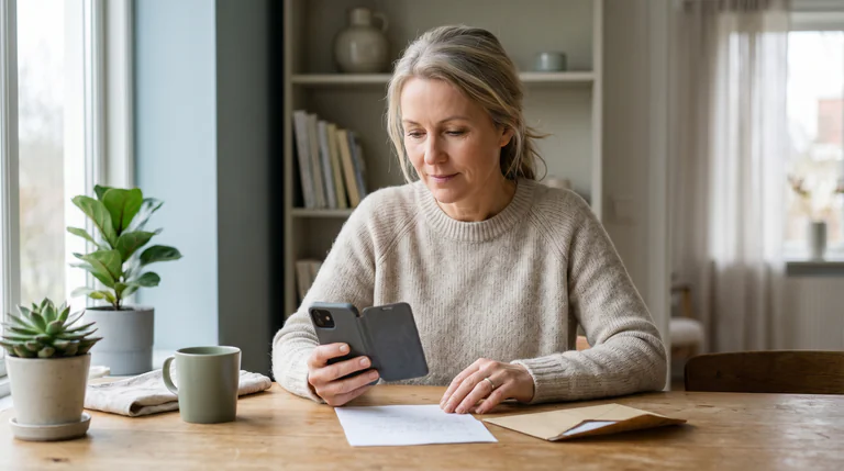 En medelålders kvinna med blont hår sitter vid ett träbord och tittar ner på sin smartphone som hon håller i handen. Framför henne på bordet ligger ett kuvert, ett papper och en mugg.