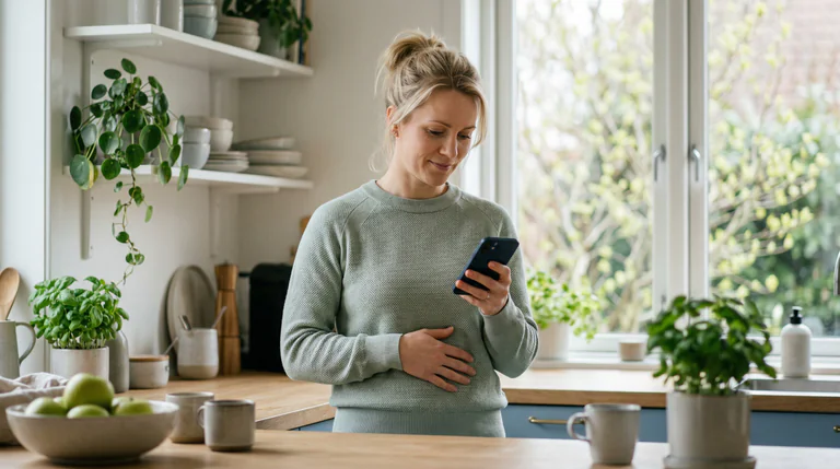 En kvinna står i ett kök och tittar på sin mobiltelefon med ena handen på magen.