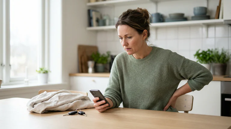 En kvinna sitter vid ett köksbord och tittar på sin smartphone. Framför henne ligger en hopvikt trasa och bilnycklar.