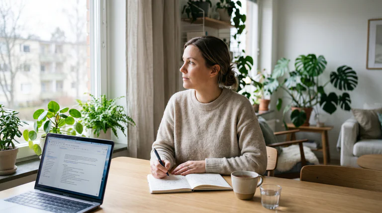 Kvinna med uppsatt hår sitter vid ett träbord och skriver i en öppen anteckningsbok med en penna. Framför henne finns en laptop, en kopp te och ett glas vatten.