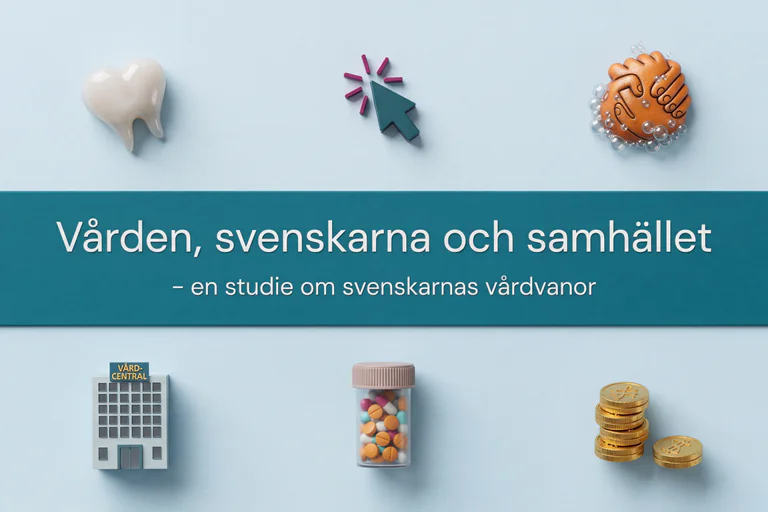 En illustration med titeln 'Vården, svenskarna och samhället - en studie om svenskarnas vårdvanor'. Bilden innehåller ikoner som en tand, en datormus, tvättande händer, en vårdcentral, en medicinburk och mynt.
