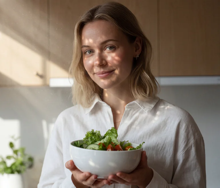 En ung kvinna med blont hår ler och håller en skål med sallad i köket.