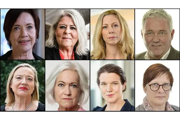 Collage av åtta porträttbilder på svenska vårdpersonal, åtta kvinnor och en man i olika åldrar.