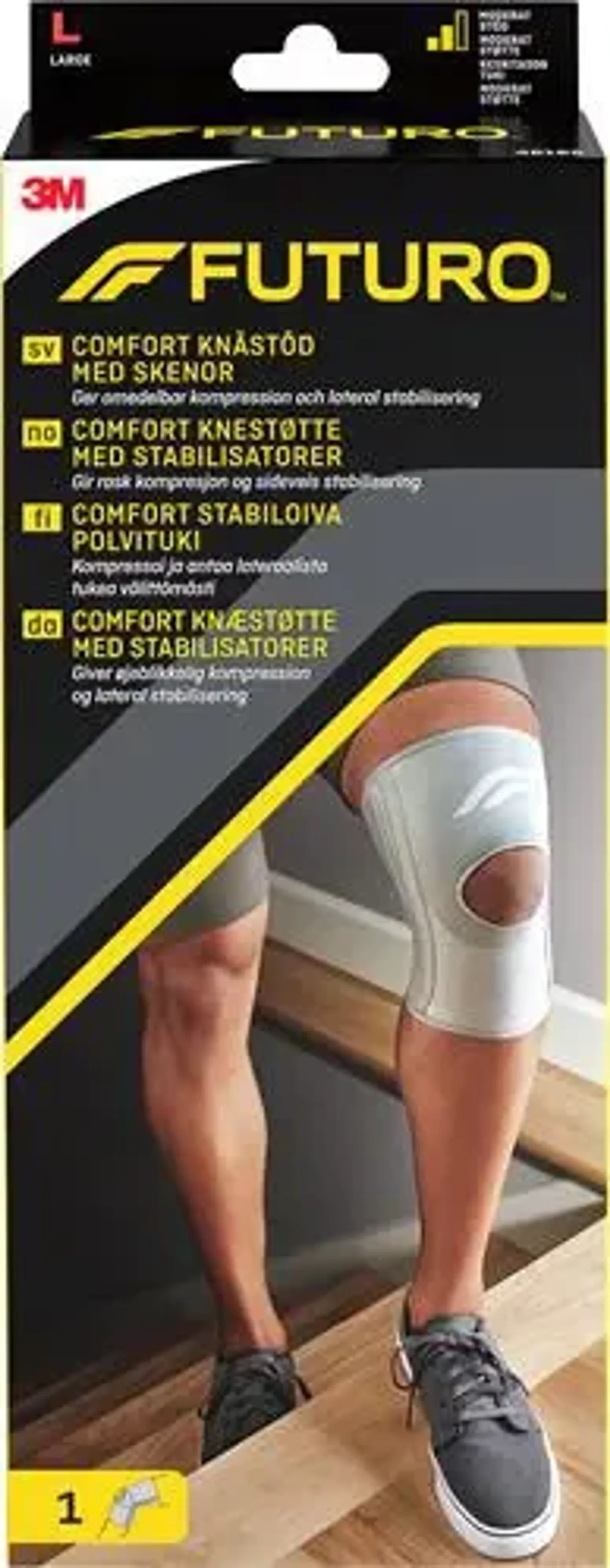 Förpackning för Futuro Comfort knäskydd med skenor i storlek L.
