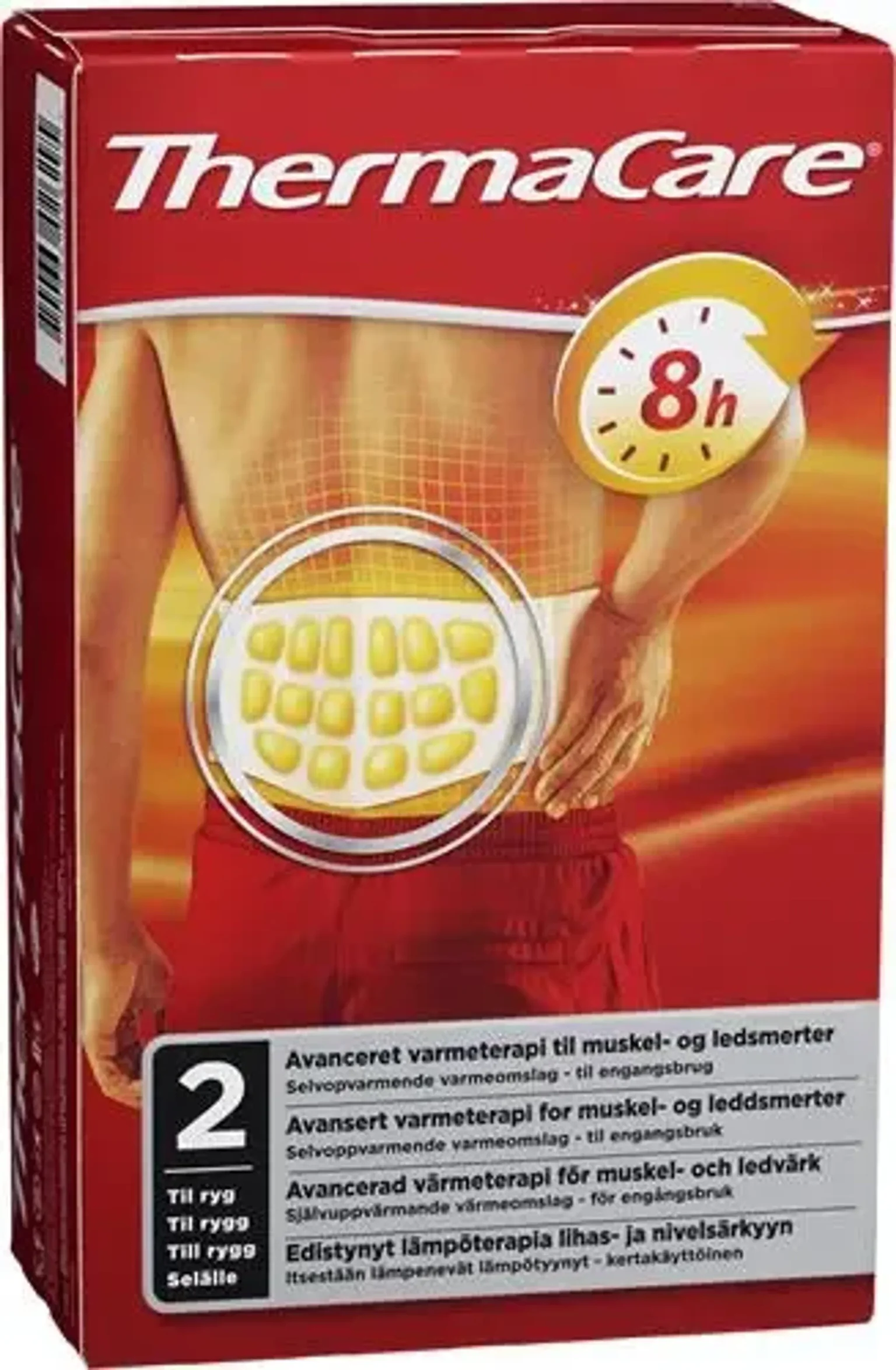 Förpackning för ThermaCare värmeterapi för muskel- och ledsmerter, visar en bild av en person med ryggsmärta och värmekuddar.