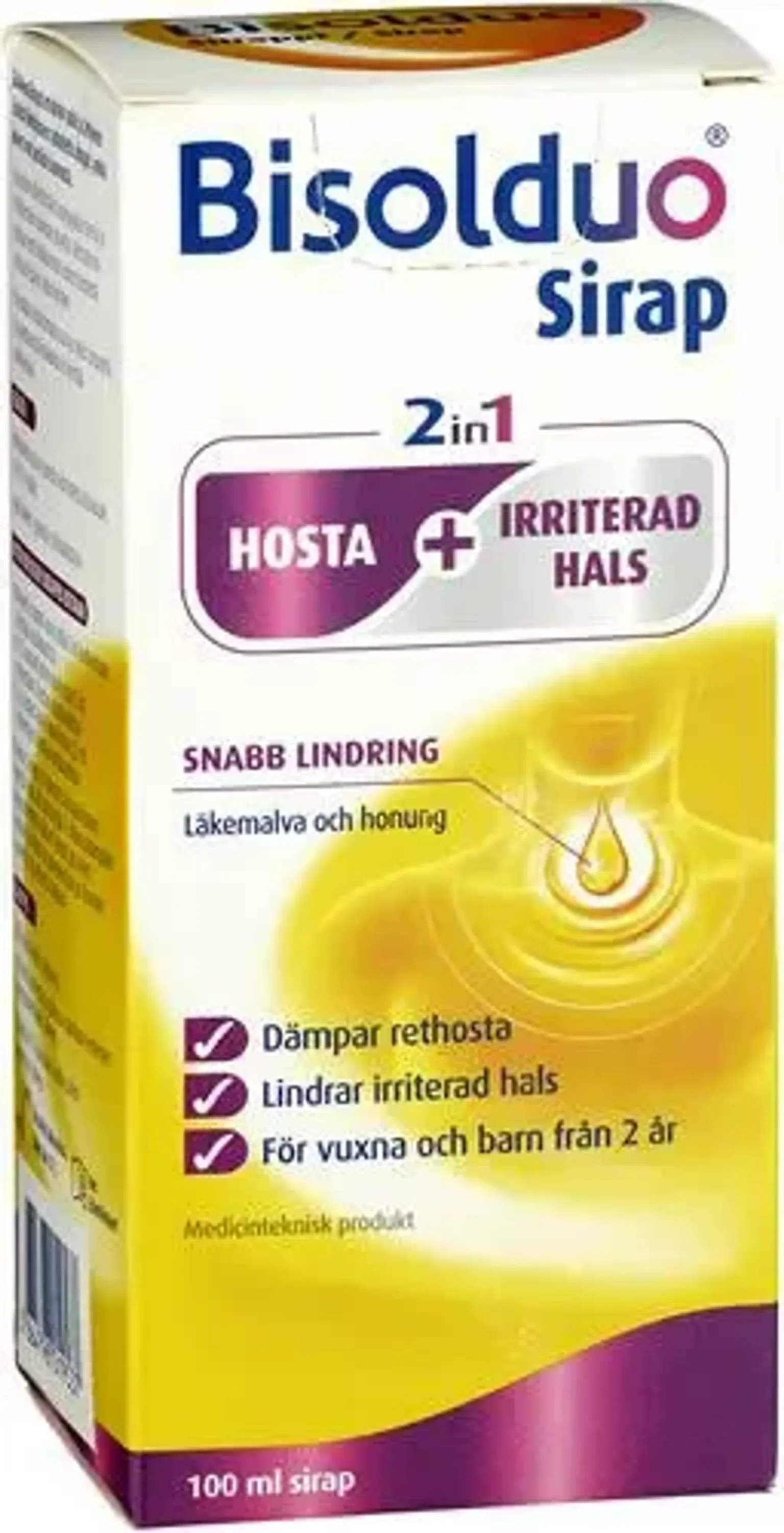 Förpackning med Bisolduo Sirap 2-i-1 för hosta och irriterad hals, 100 ml.