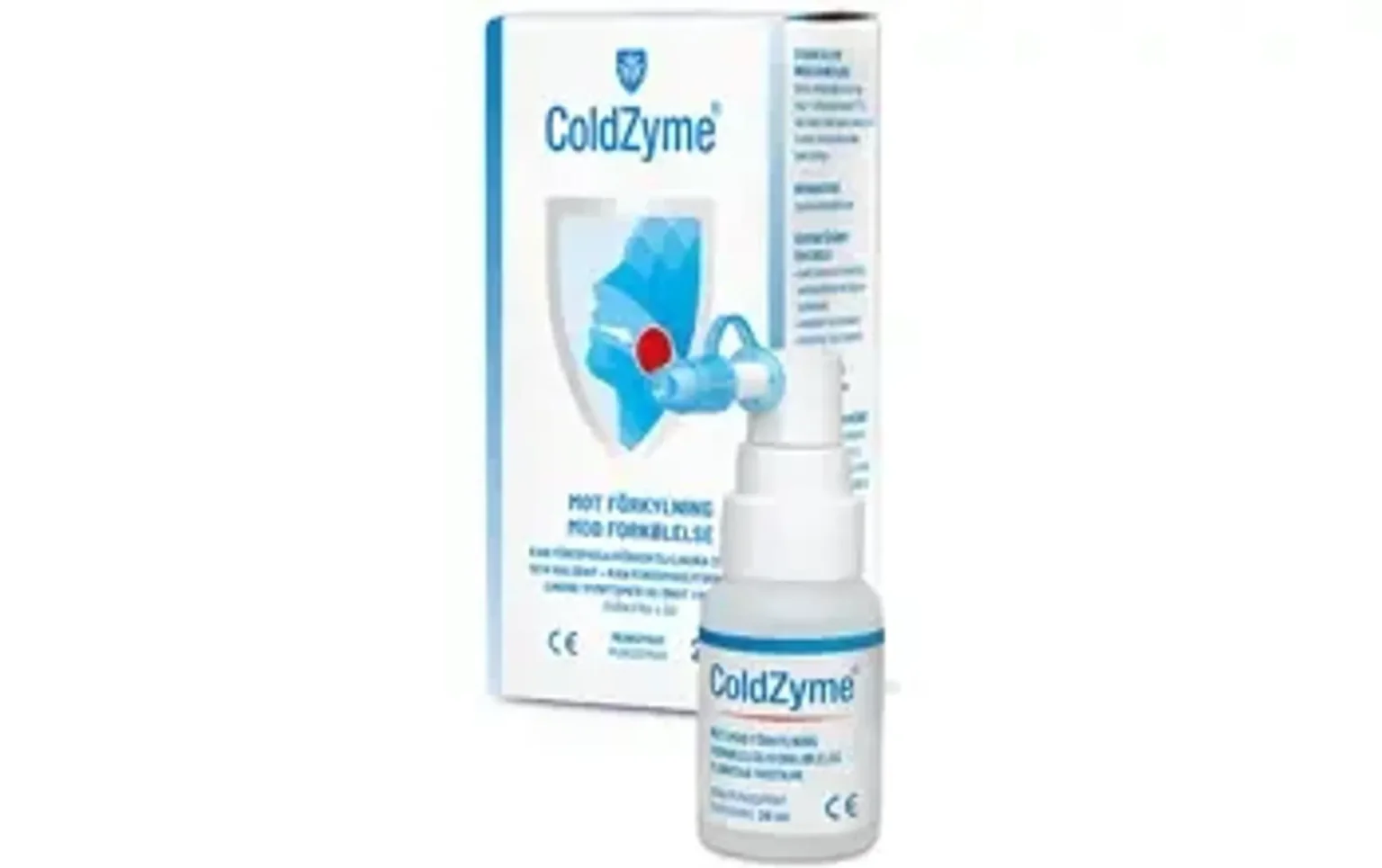 En låda och en sprayflaska med produkten ColdZyme, en nässpray för förkylning.