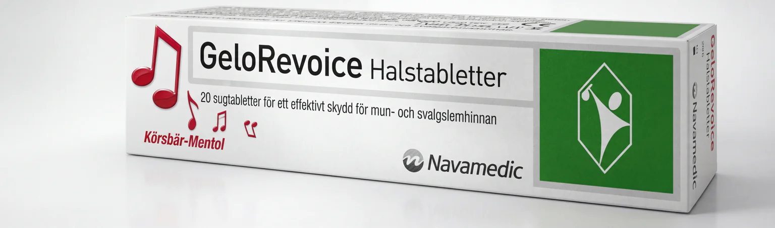Förpackning med GeloRevoice halstabletter, Körsbär-Mentol smak, Navamedic