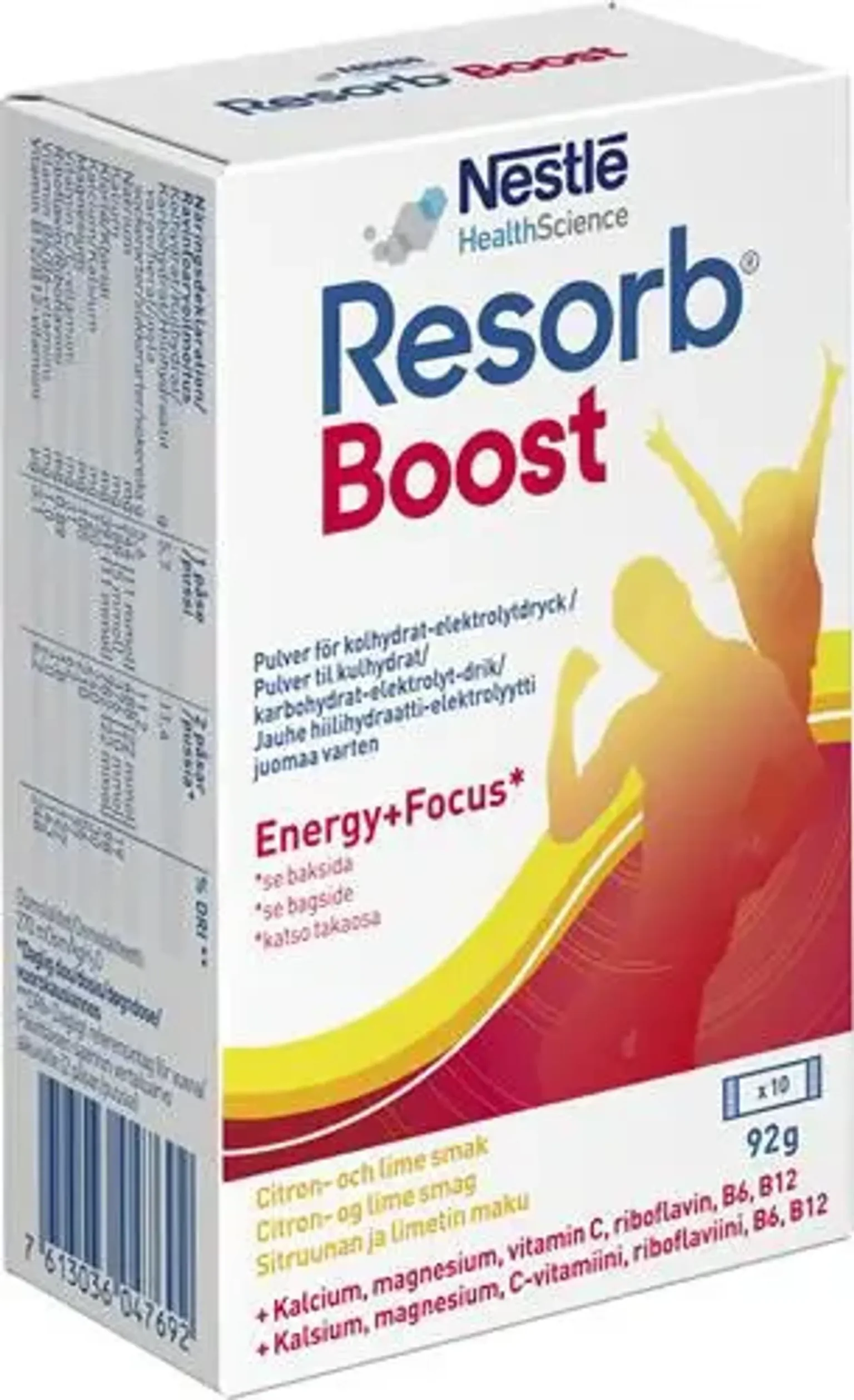 Förpackning med Nestlé Resorb Boost energidryckspulver med smak av citron och lime.