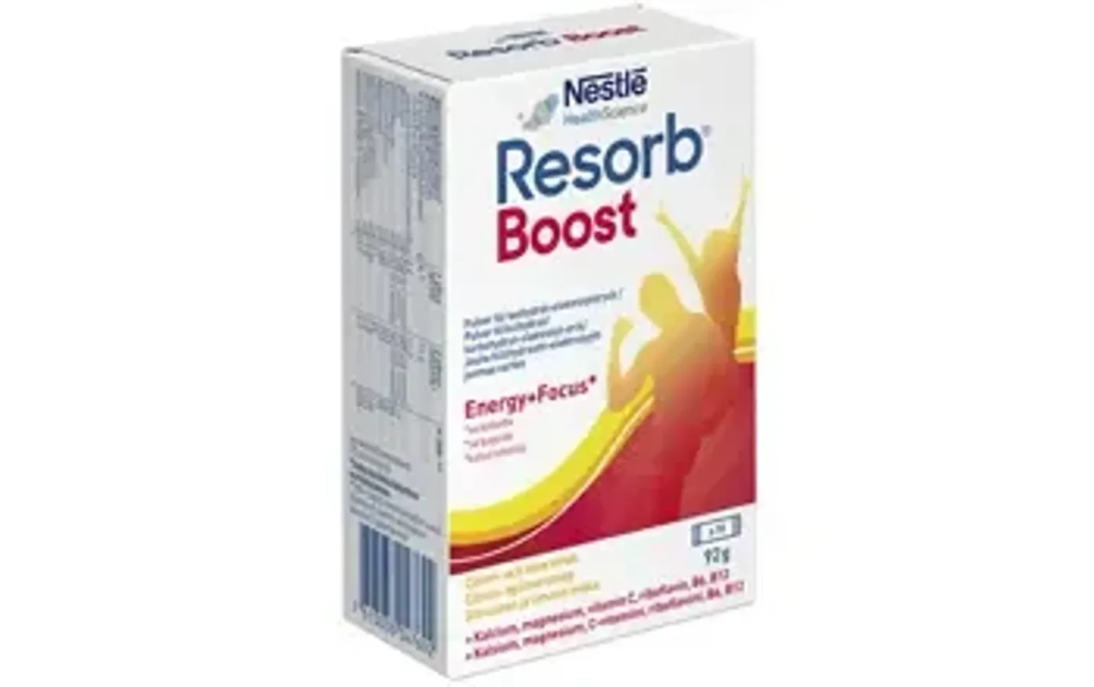 En bild av en kartong med Nestlé Resorb Boost pulver, designad för elektrolyt- och energipåfyllning.