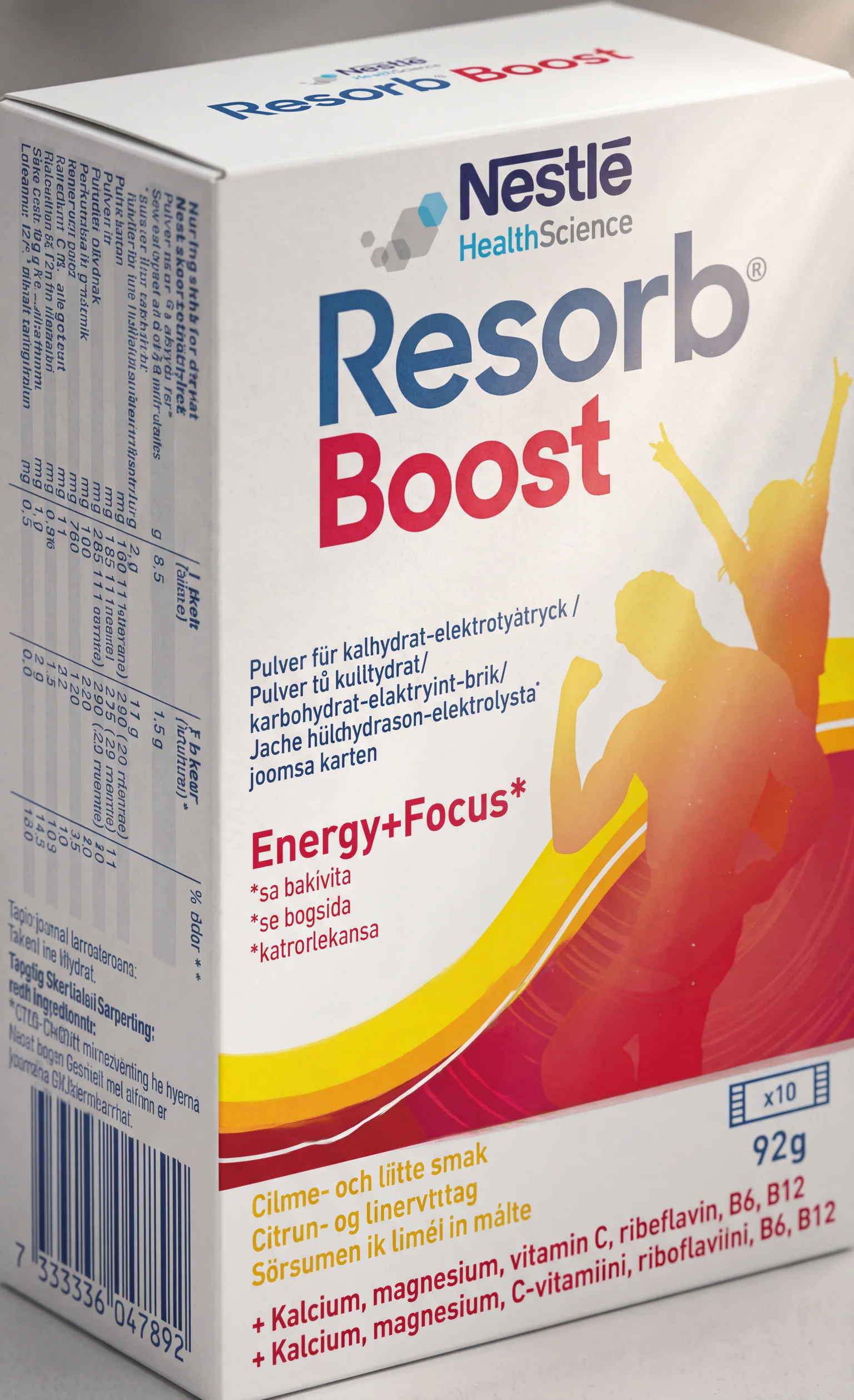 En bild på en vit kartong med texten Resorb Boost och illustrationer av silhuetter av människor i rörelse. Kartongen visar information om produkten.