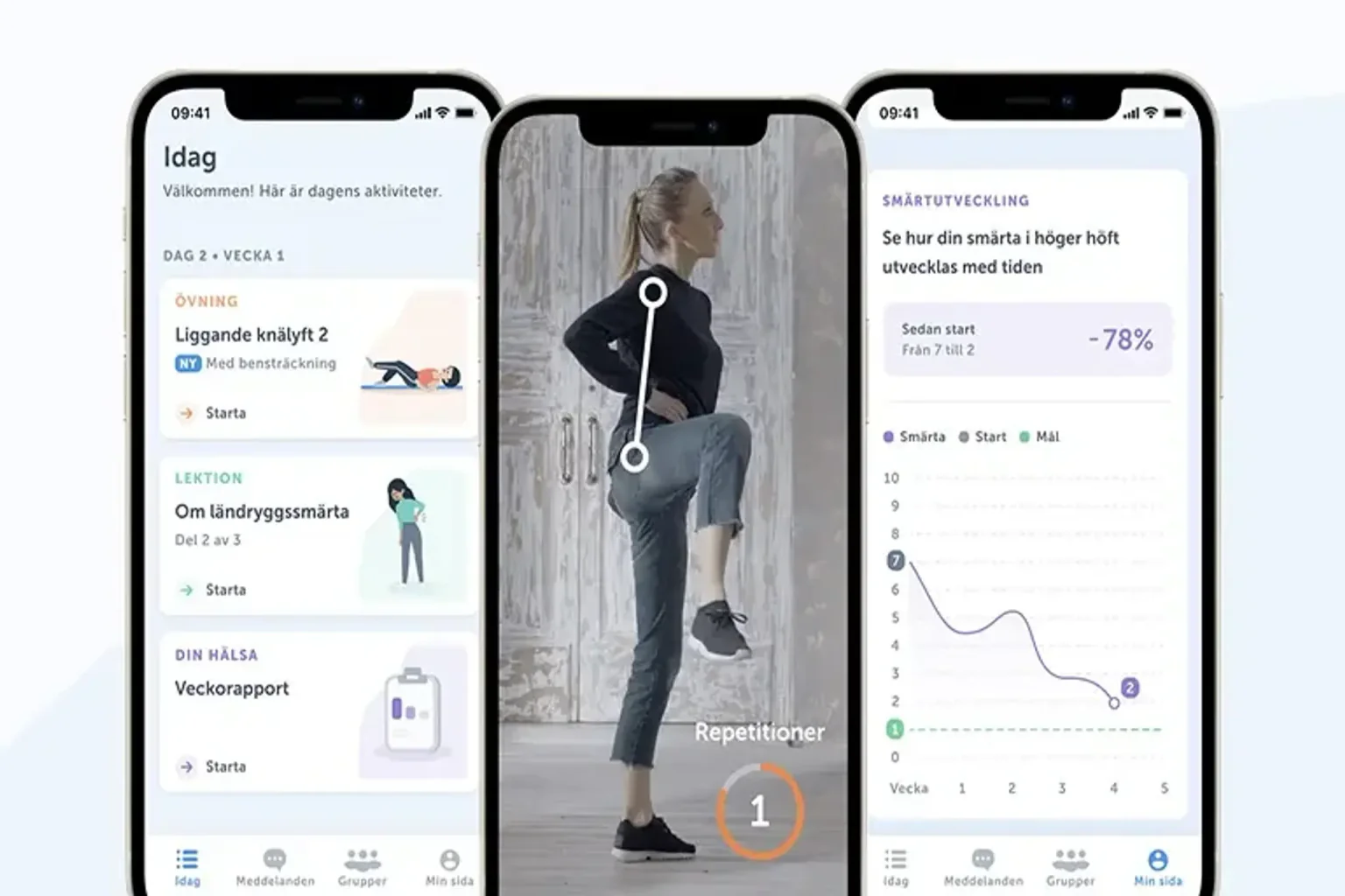 Tre mobilskärmar som visar en träningsapp med övningar, en instruktionsvideo och en smärtutvecklingsgraf.