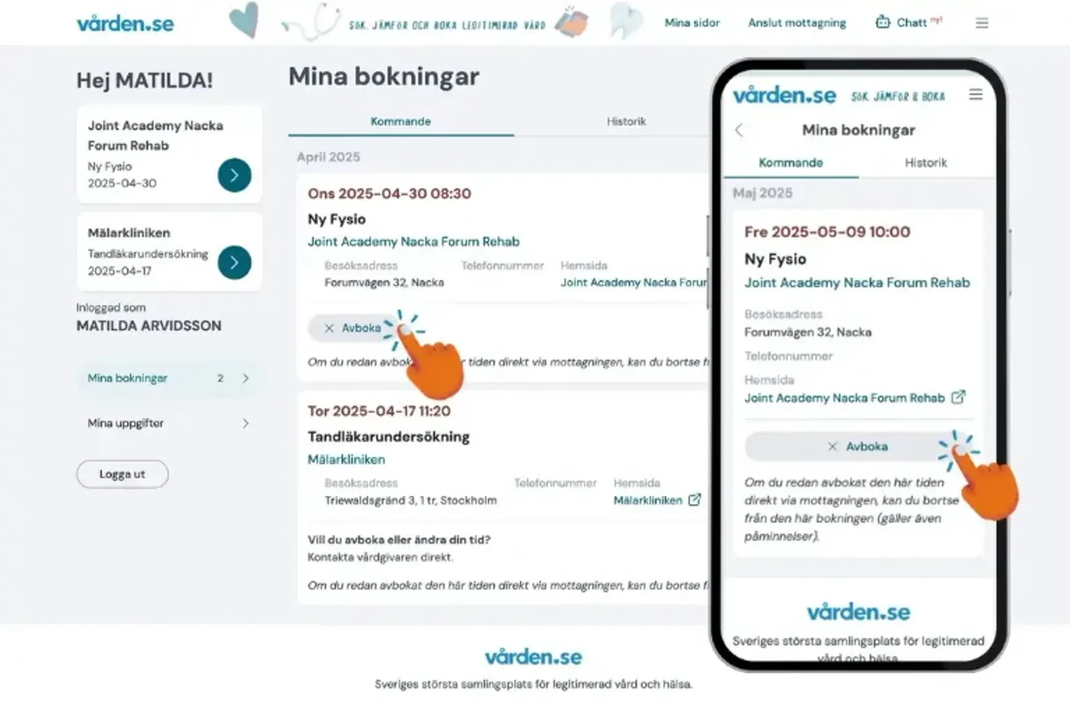 Bildskärm som visar en digital plattform för bokning av vård online med en hand som pekar på en avbokningsknapp.